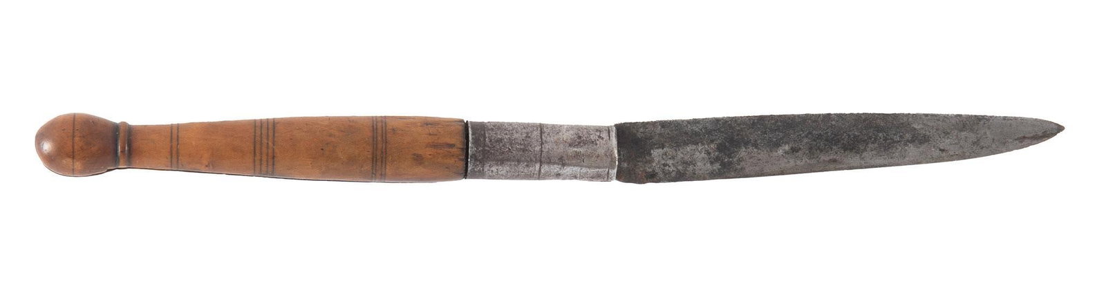 Antique Folding Pocket Knife: 4.5 spear point blade, turned wood handle with iron ferule. Aged crack in the wood handle. This is a very early folding blade knife. Possibly late 18th century or early 19th century.