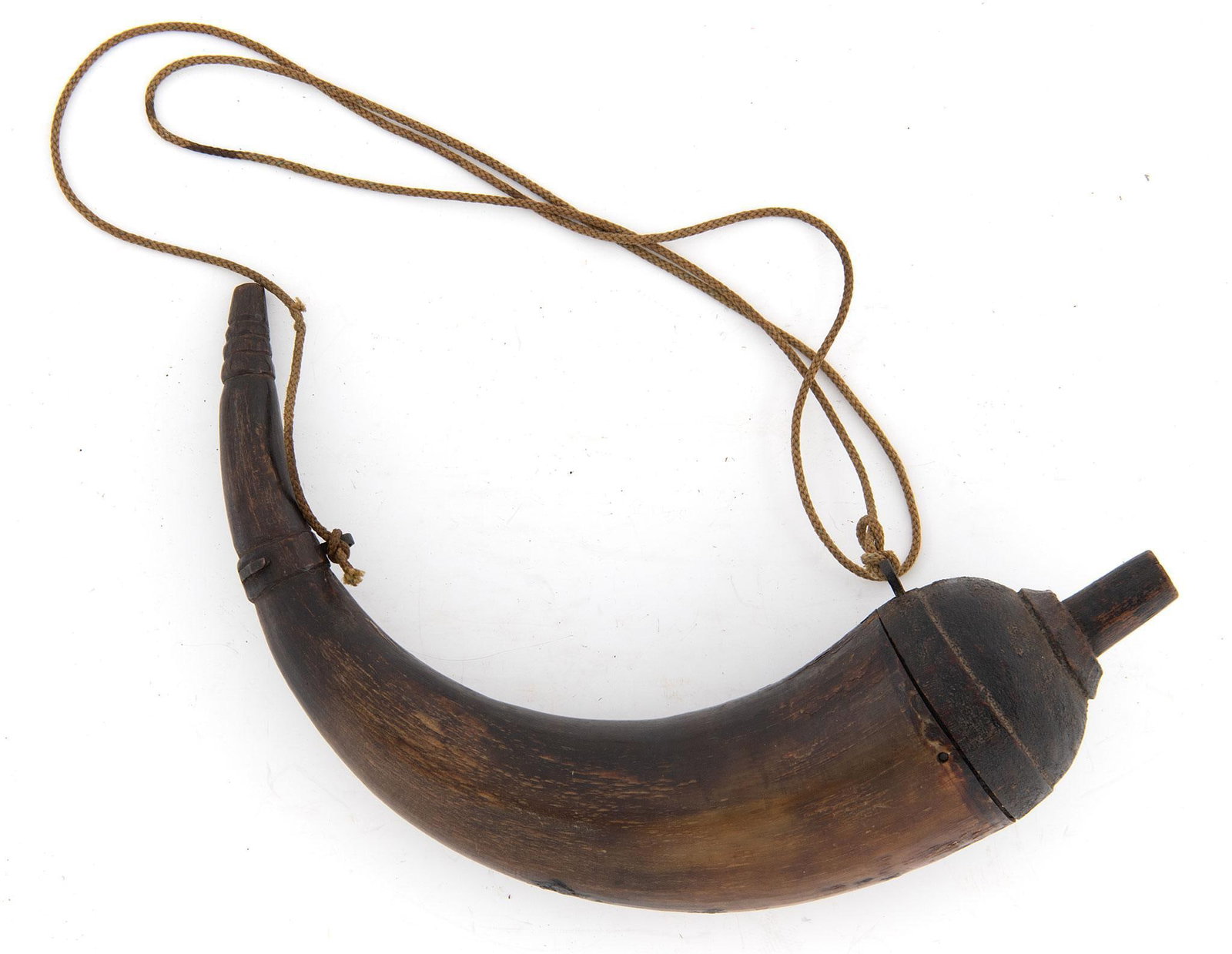 Antique Powder Horn: 17" length through the curve. Wood base held by wood pins, Dark patina brown in color. The spout with grooved rings. Horn is very good.