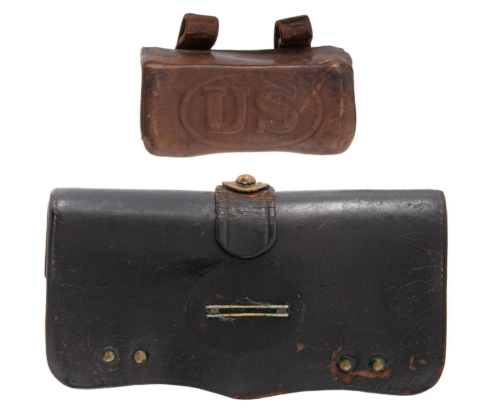 US Civil War Era Cartridge Boxes: One is a Leather RIA marked and dated 1904 Pistol 38 caliber cartridge box. The other is marked on the face under the flap Frazier's Patent, 50-70 National Guard leather cartridge box. Both are in exc
