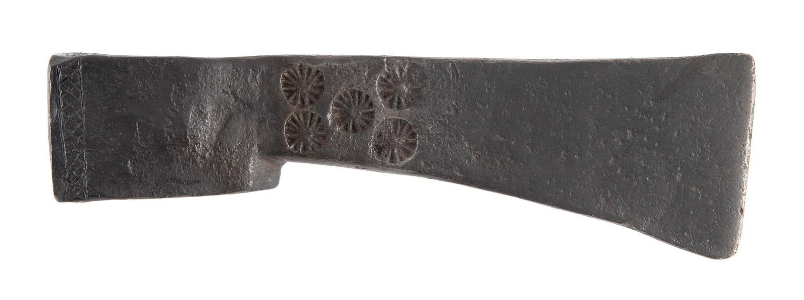 18th Century Iron Forged Trade Axe Head: 9.75" length, the sharpen edge is 3". Five sunbursts on one side and two on the other, Overall very good, no haft or handle.