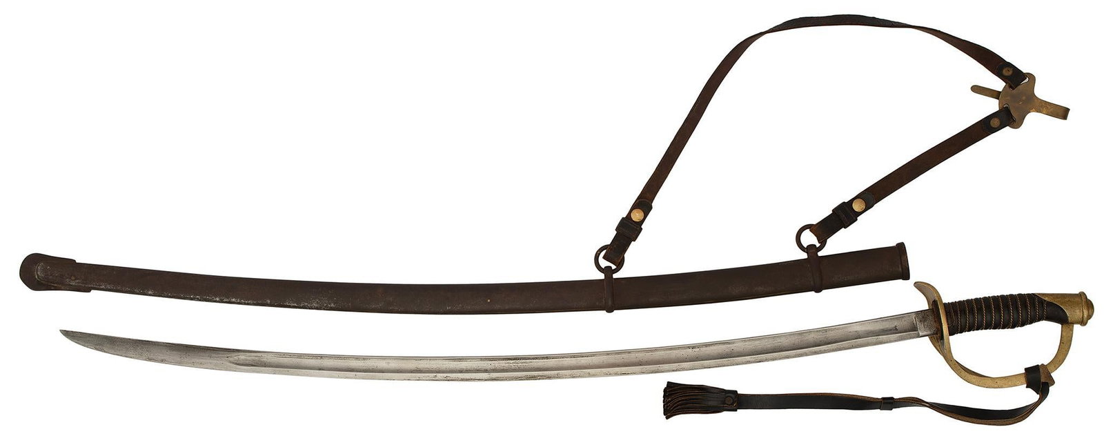 Civil War Model 1860 Cavalry Sword with Scabbard: Very nice original Ames Model 1860 Cavalry sword with scabbard. 34 1/2" bright blade that is marked on one side " Ames MFG Co. Chicopee Mass" and on the other side "U.S. G.K.C. 1864". Overall good con