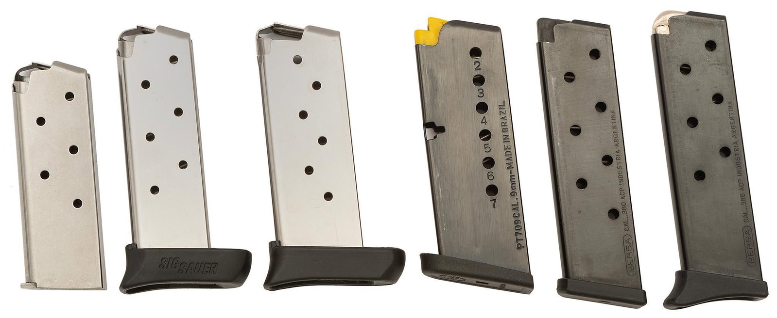Lot of Sig Sauer Pistol Magazines: A grouping of Sig Sauer .380 caliber magazines (5) and a single chambered in 9mm. Overall good condition.