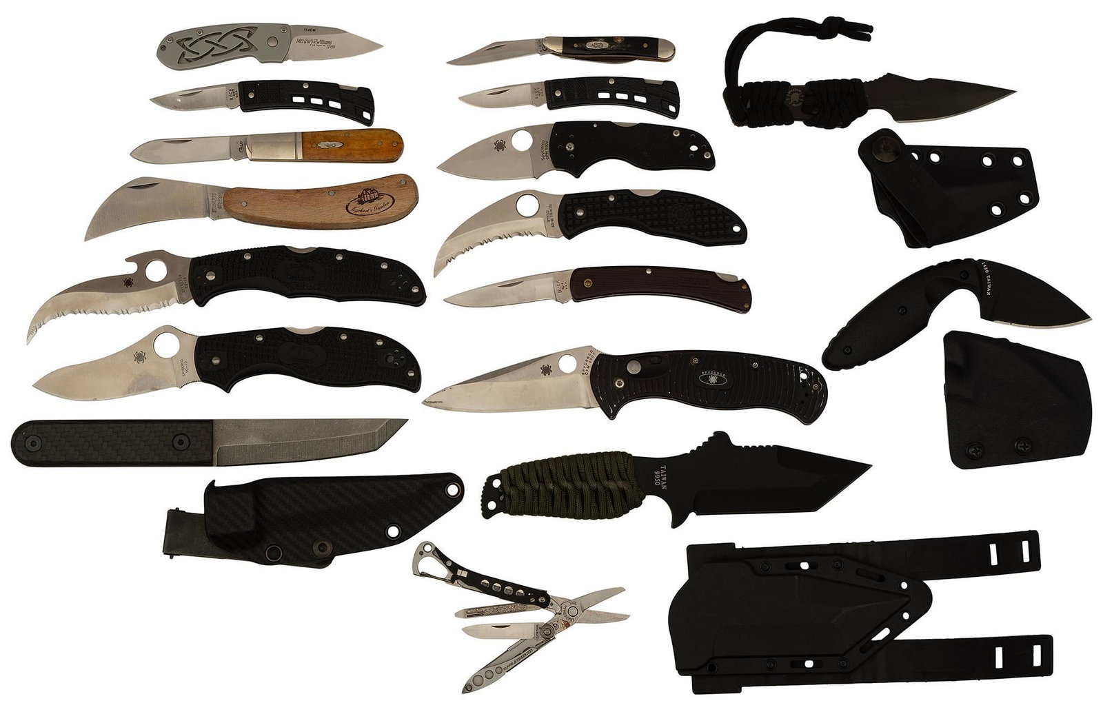 Lot of Custom Pocket Knives and Fixed Blade: Lot of pocket 16 various pocket knives, brands include; Spider Co. (5qty) KA-Bar (2 qty.), Sparton Blades, Bucklite, Buck, Case, Leatherman, and several unmarked. Longest measures 7.5". Overall good c