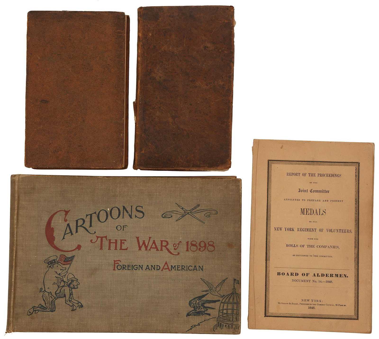 Lot of 19th & 20th Century Military Books, Glass Ship and Newspaper: Lot includes 4 Military Books including "Cartoons of The War of 1898 Foreign and American", "Board of Aldermen Document No. 14.- 1848", "Artillery Tactics A System of Exercise and Instruction of Field