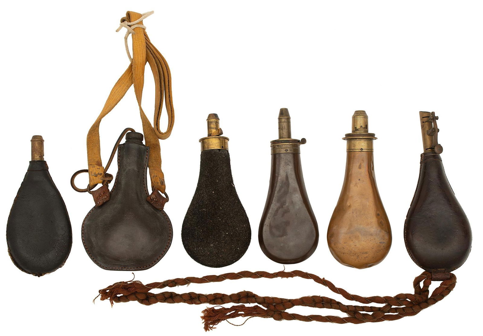 Lot of Antique Six Large Flasks: 3 powder flasks, two leather shot flasks, on leather body for a shot flask. Fair to good condition.