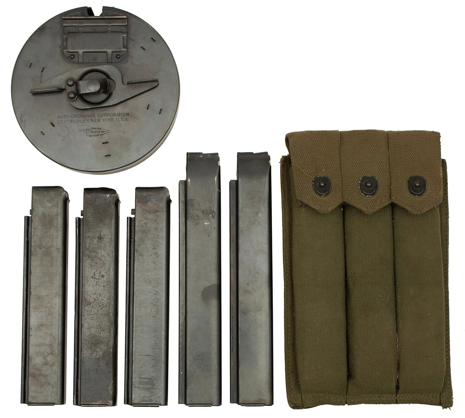 Thompson Machine Gun .45ACP, 50 Rd Drum, 8 Stick Magazines: 1 50 rd Drum, 5 30 rd stick magazines, 3 20 rd stick magazines. Overall excellent.