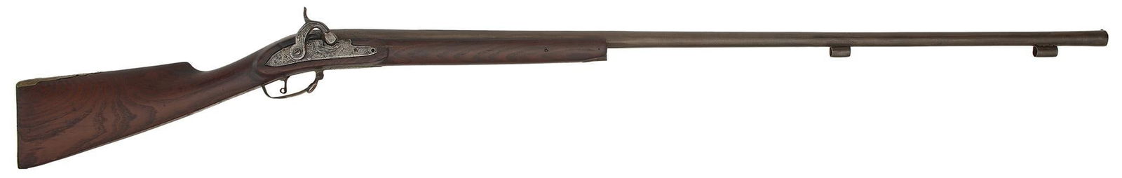 European Percussion Fowler: .670 bore diameter, 40" octagonal to round barrel. Engraved percussion lockplate and hammer. Engraved brass buttplate. Brass and steel triggerguard. Overall very good condition.