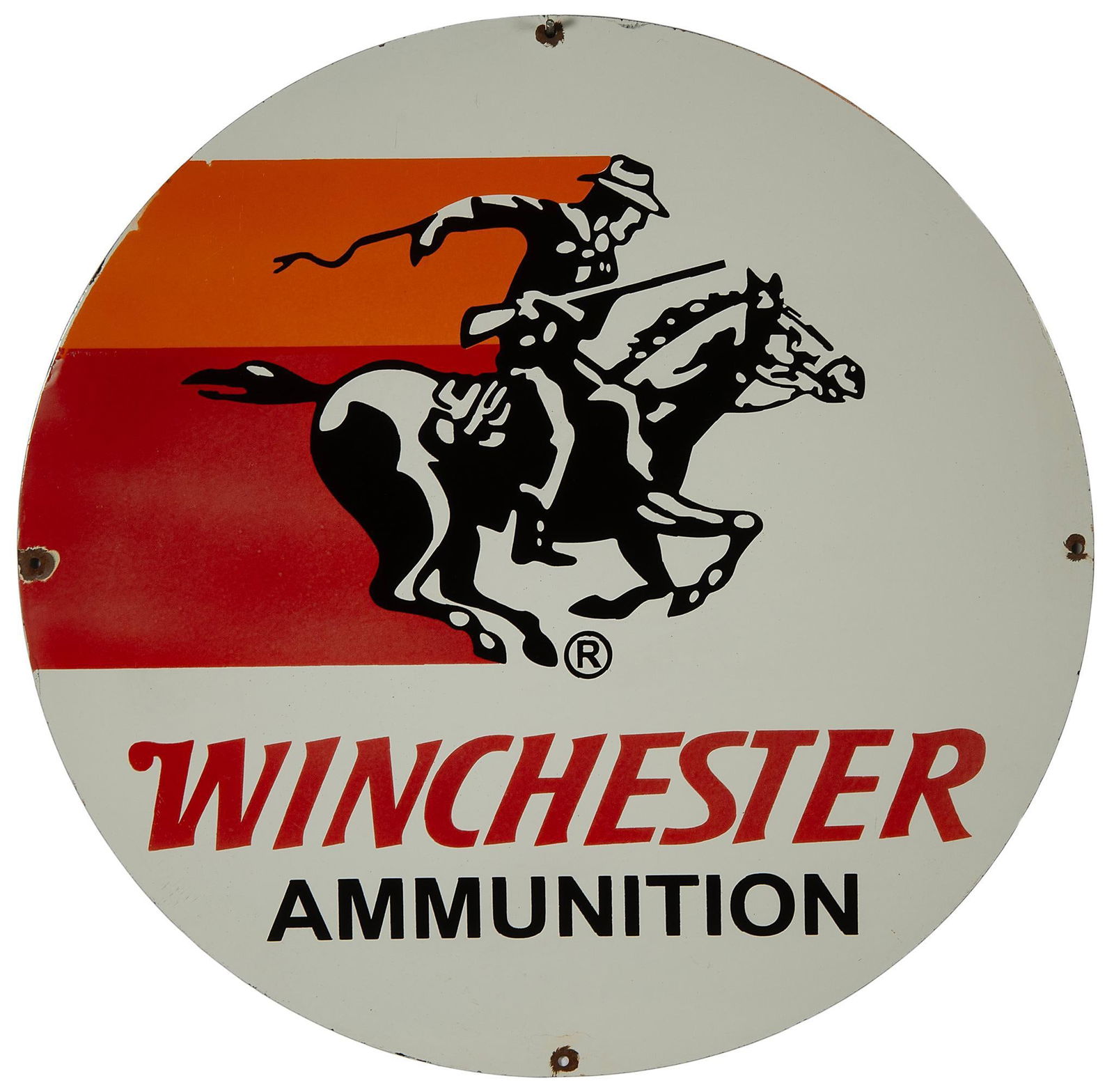 Winchester Ammunition Porcelain on Metal Sign: This Modern Made 30” Winchester Ammunition Porcelain On Steel Advertising Sign is in good condition, with some chipping and patina around the hanging holes. Overall good condition.