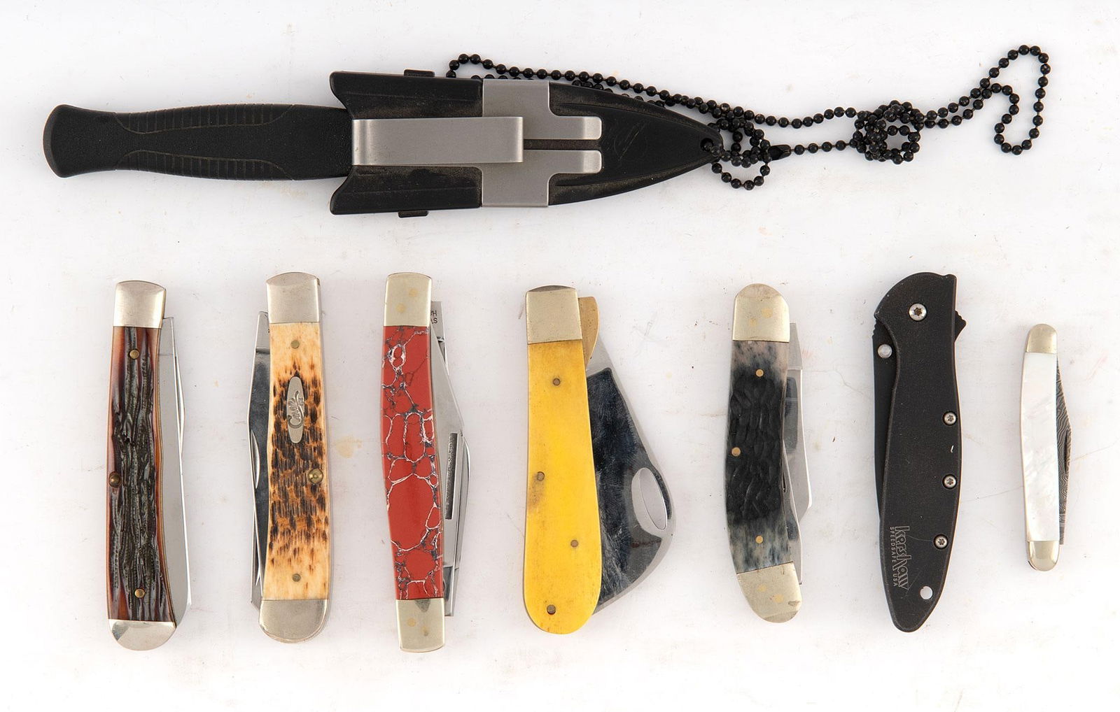 Group of Folding Pocket Knives: Lot includes various folding pocket knives by Boker, Queen Cutlery, Case & Sons, Frost (2), Kershaw, Buck Creek, Gerber, and Case. Longest Measures 7" overall.