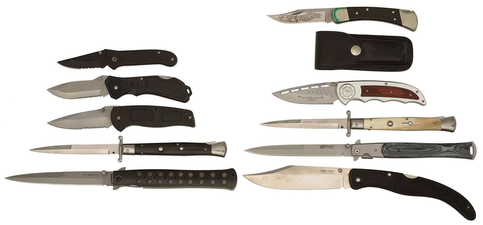 Group of Folding Pocket Knives: Lot includes 10 folding pocket knives by various makers. Makers include Buck, Cold Steel, Frost, Frank B, MTech. Longest Measures - 13 inch overall. Overall good condition.