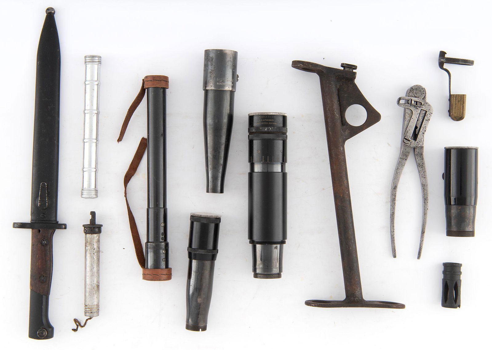 Group of Spotting Scopes and Military Accesories: Group of Scopes, Accessories, and Bayonet Including four (4) spotting scopes by R.A. Litschert (All missing parts eyeglass and misc parts, one (1) rifle scope by Ordnance Instrument Corp. marked “M7