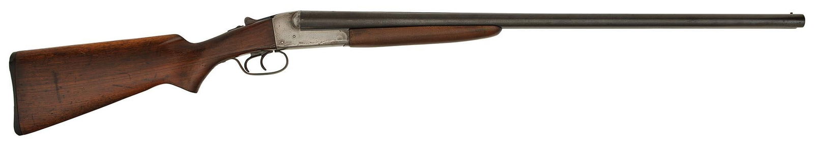 **J. Stevens Model 5000 Side by Side Shotgun: 12 gauge, 30" barrel length, NSN. Left side of the frame marked "Springfield J. Stevens Arms Company". Right side of frame marked "Model 5000". Top of the barrel marked with chamber and caliber. Plain