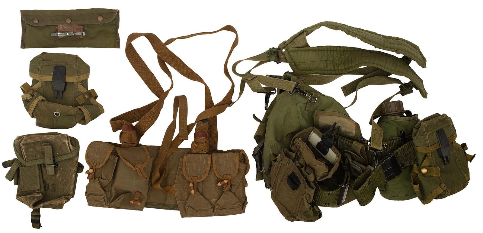 Grouping of Shooting Supplies, Holsters, Bandoliers, and Various Items: Lot includes modern possible back with black powder accoutrements, 2 rifle magazine pouches marked "HGA 1976", assorted leather and nylon holsters (6), 1 Shotgun shooting back (Kolpin), several bandol