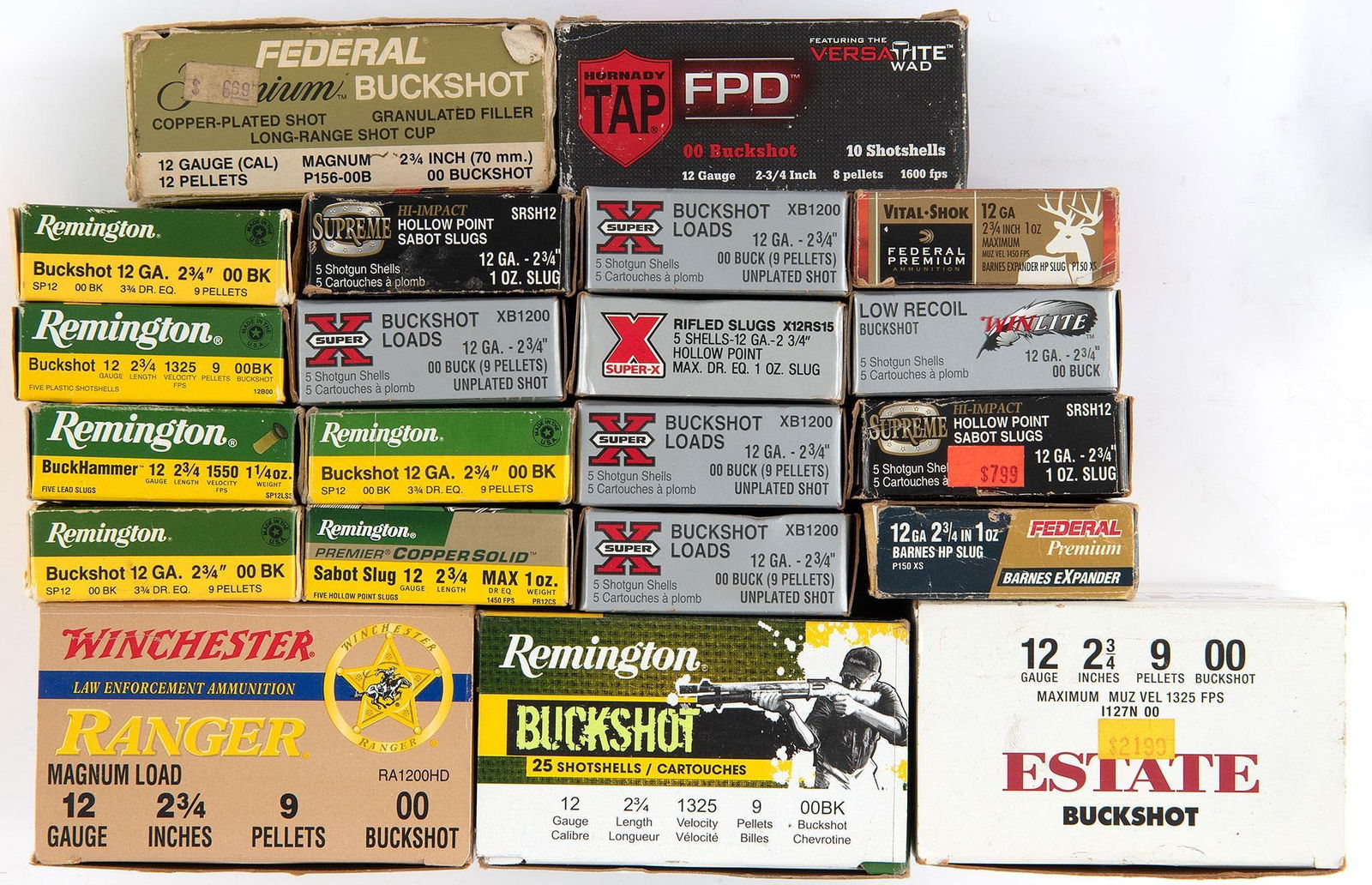 12 Gauge Buck Shot Shotgun Ammunition: Lot includes 21 boxes of assorted brands of 12 gauge buck shot. Total of 180 rounds.