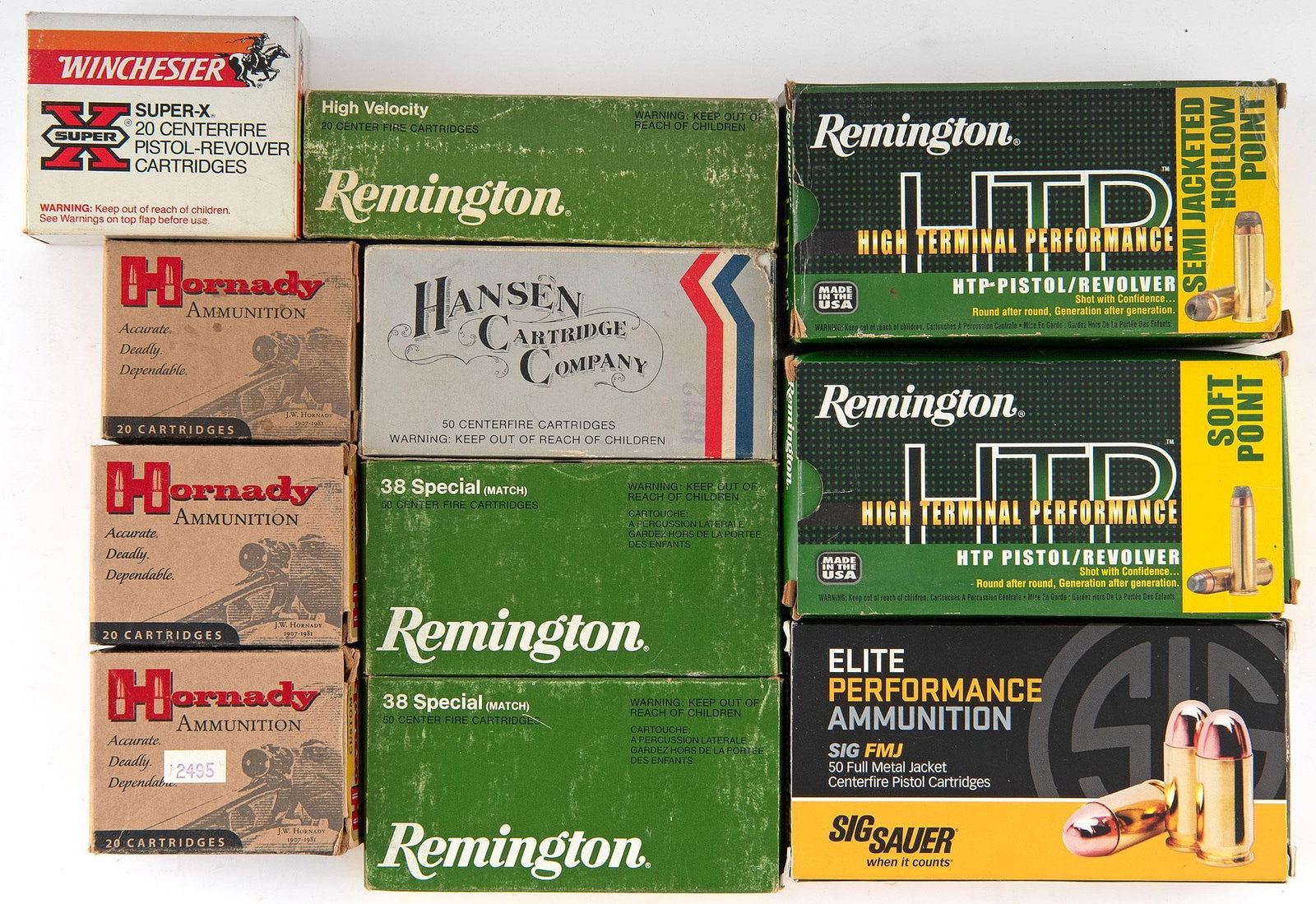 Lot Consist of Various Pistol / Rifle Ammunition: Lot consists of 11 boxes of assorted ammunition. Calibers include 38 spl 100 rds (2 Boxes), 44 Mag 130 rds (5 boxes), 41 Rem Mag 50 rds (1 box) and Sig Sauer 45 auto 50 rds (1 box), 357 Sig (20 Rds), 