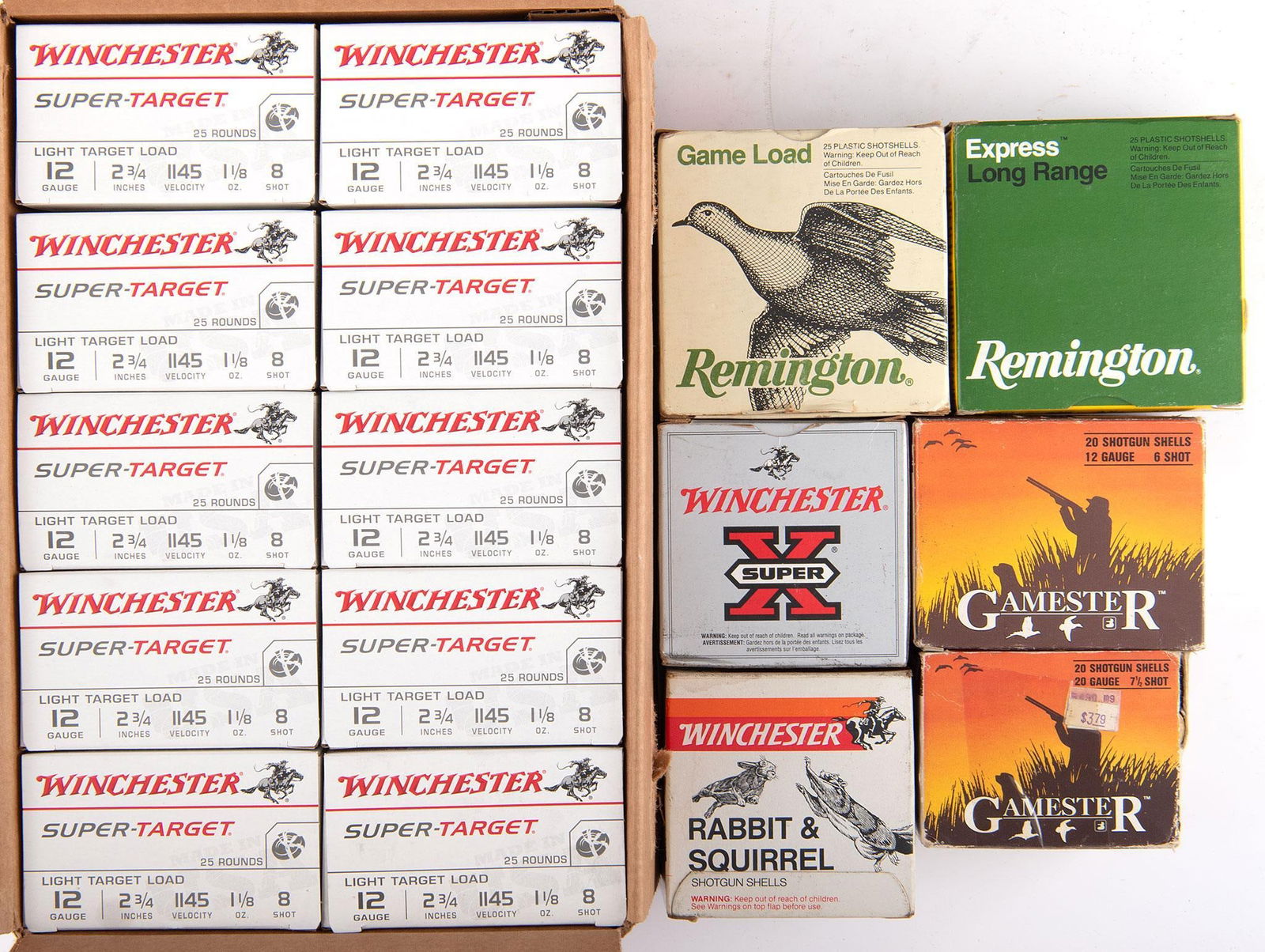 Grouping of Various Shotgun Ammunition: Lot includes 3 boxes of 12 gauge #6 shot, 2 boxes of 20 gauge, #6 shot, and 1 box of 20 gauge #7.5 shot. Also includes 1 flat of Winchester 1 1/8 oz shotgun shells (250 shells). Also includes 2 shell