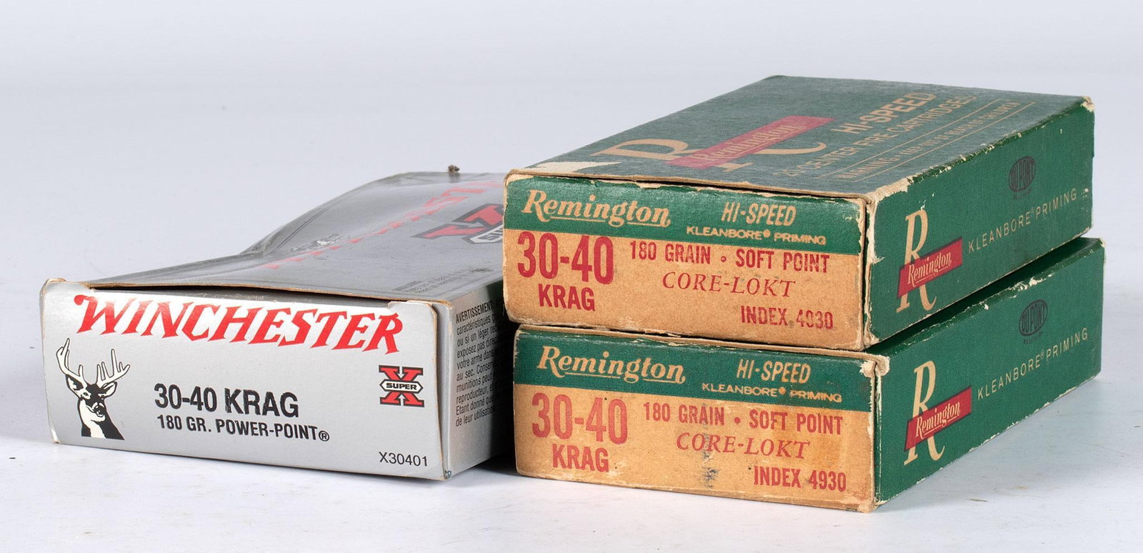 3 Boxes of 30-40 Krag Ammunition: Lot includes 3 boxes of 30-40 Krag ammunition, 2 boxes of Remington hi-speed and a single box of Winchester super x. Overall good condition.
