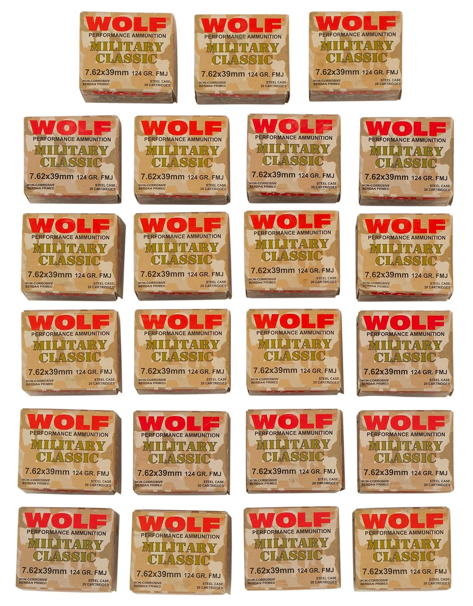 7.62 x 39 Wolf Rifle Ammunition: Lot includes 23 boxes of 7.62 ammunition (460rds) new in box.