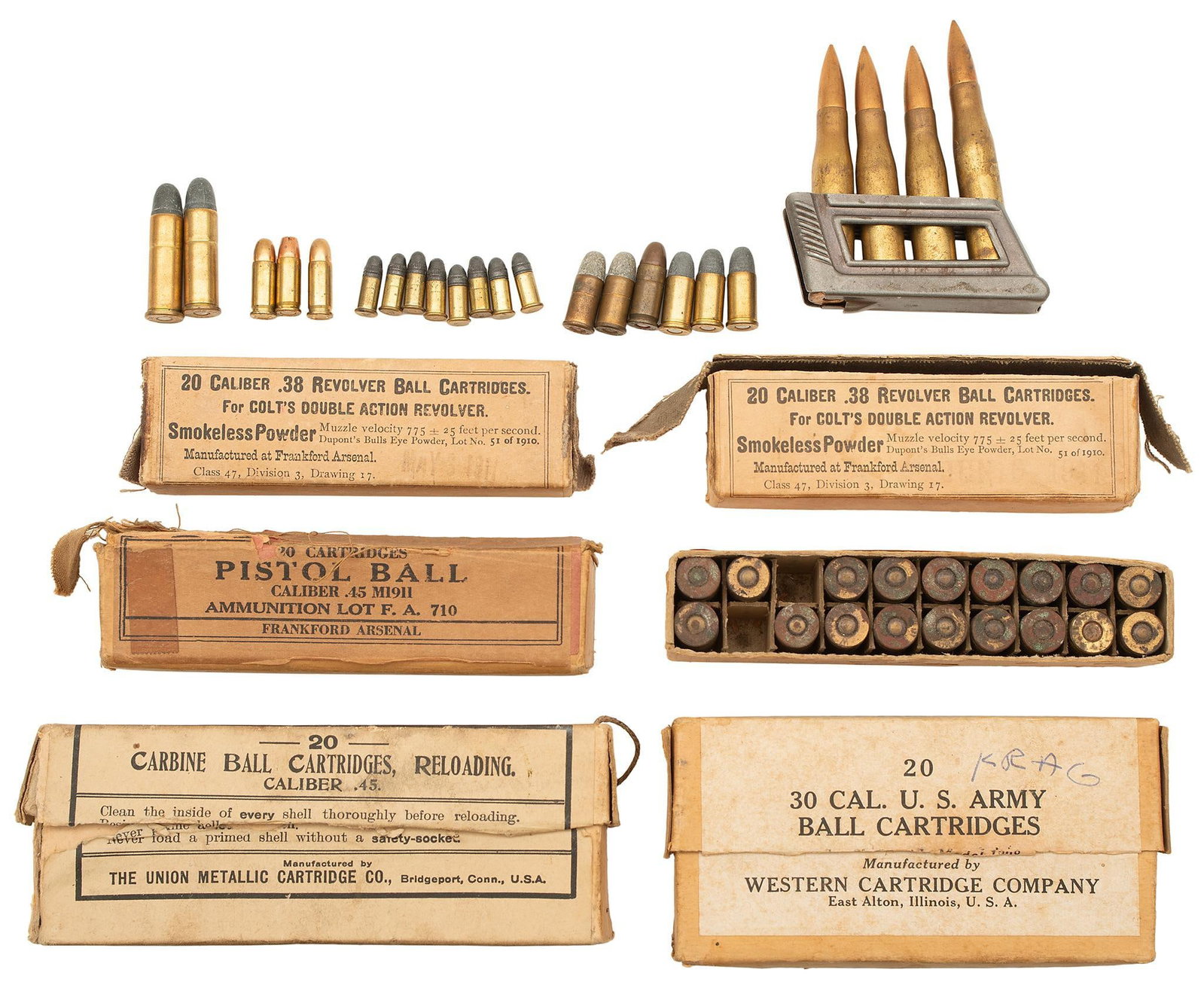 U.S. Military Vintage Ammo: Two boxes of Frankford arsenal 38 caliber pistol cartridges, one full, and one with 8 cartridges. Two partial boxes of FA 45 ACP. A full box of UMC empty reloading brass. And miscellaneous military ri