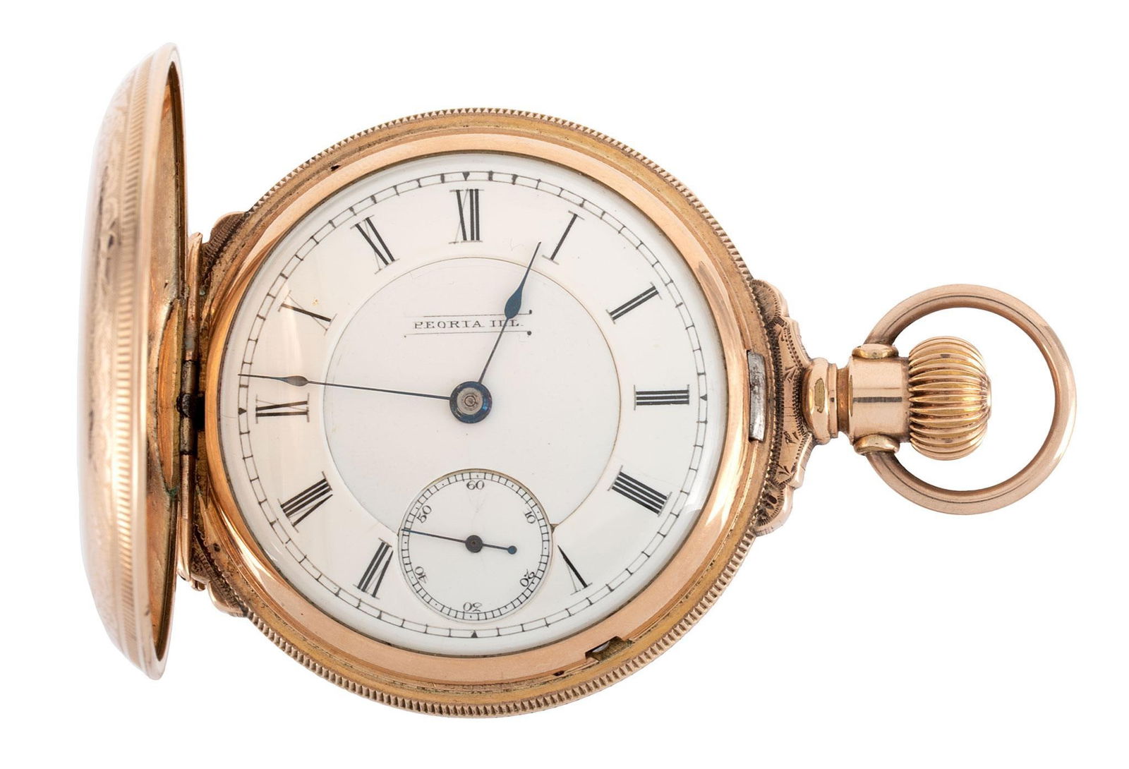 Peoria Watch Co. 15 Jewel Pocket Watch: Peoria Watch Co. 15 jewel pocket watch, serial # 11904, box hinge case marked with hallmark #1465357, 54mm diameter. Overall good condition.