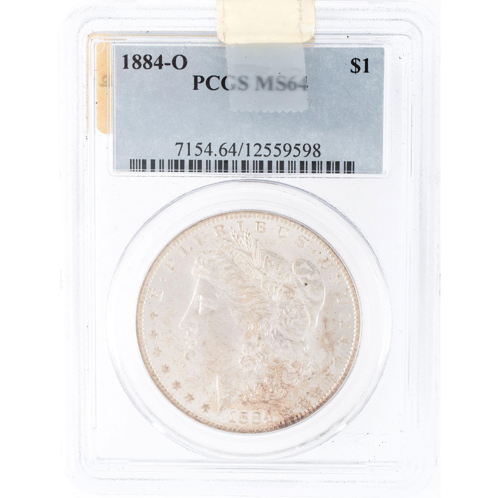 United States 1884 Silver Morgan Dollar: A United States 1884-O silver Morgan dollar with PCGS MS64 grade in case.