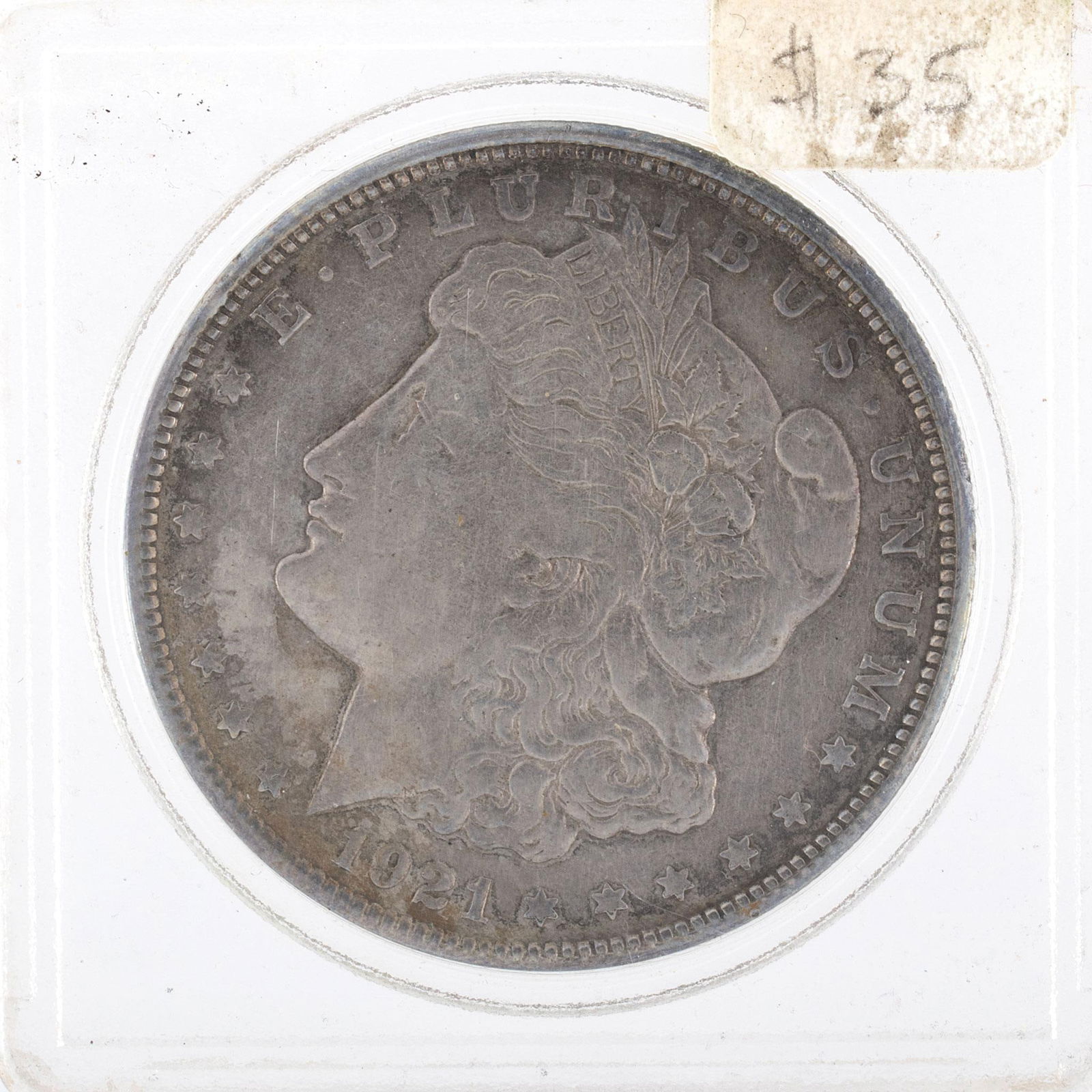 United States 1921-D Silver Morgan Dollar Coin: A United States 1921-D silver Morgan dollar ungraded coin in case. Very good condition.