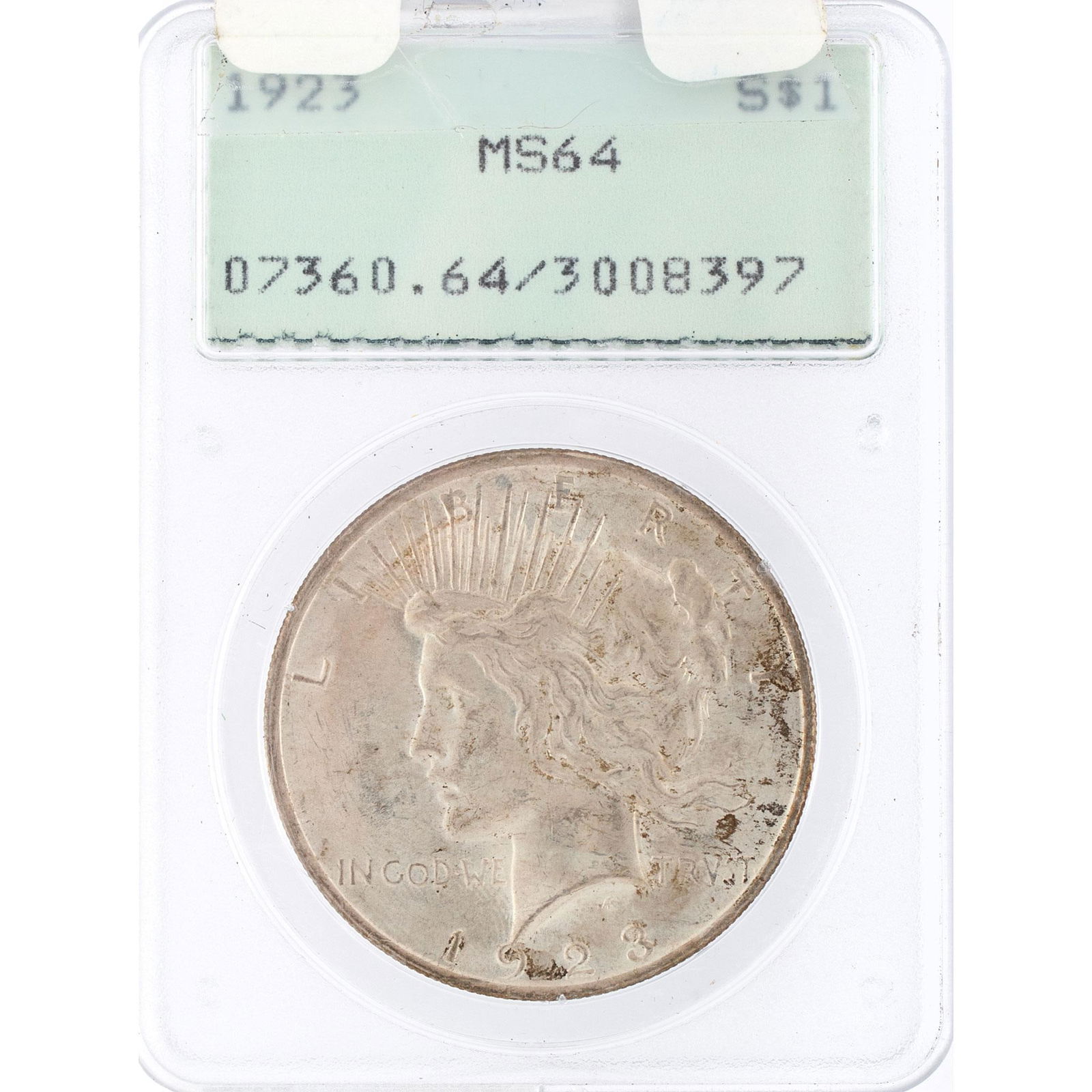 United States 1923 Silver Peace Dollar Coin: A United States 1923 silver Peace dollar coin with PCGS MS64 grading in case.