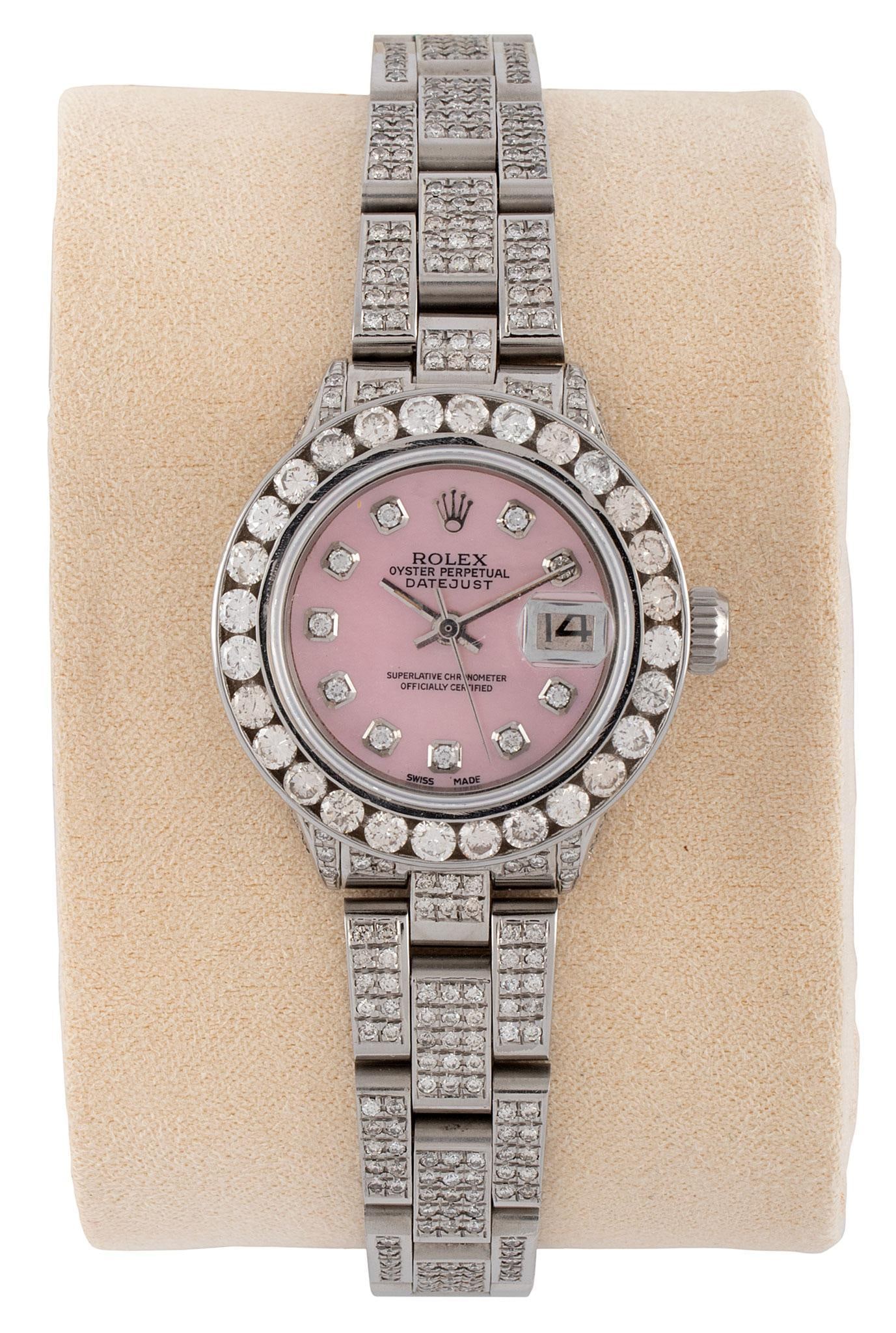Rolex Ladies Oyster Perpetual Datejust Diamond Wristwatch: Ladies Rolex Date just 26mm 6916 pink mother of pearl diamond dial bezel full diamond oyster bracelet, stainless steel diamond bracelet with aftermarket stainless steel diamond bezel, automatic