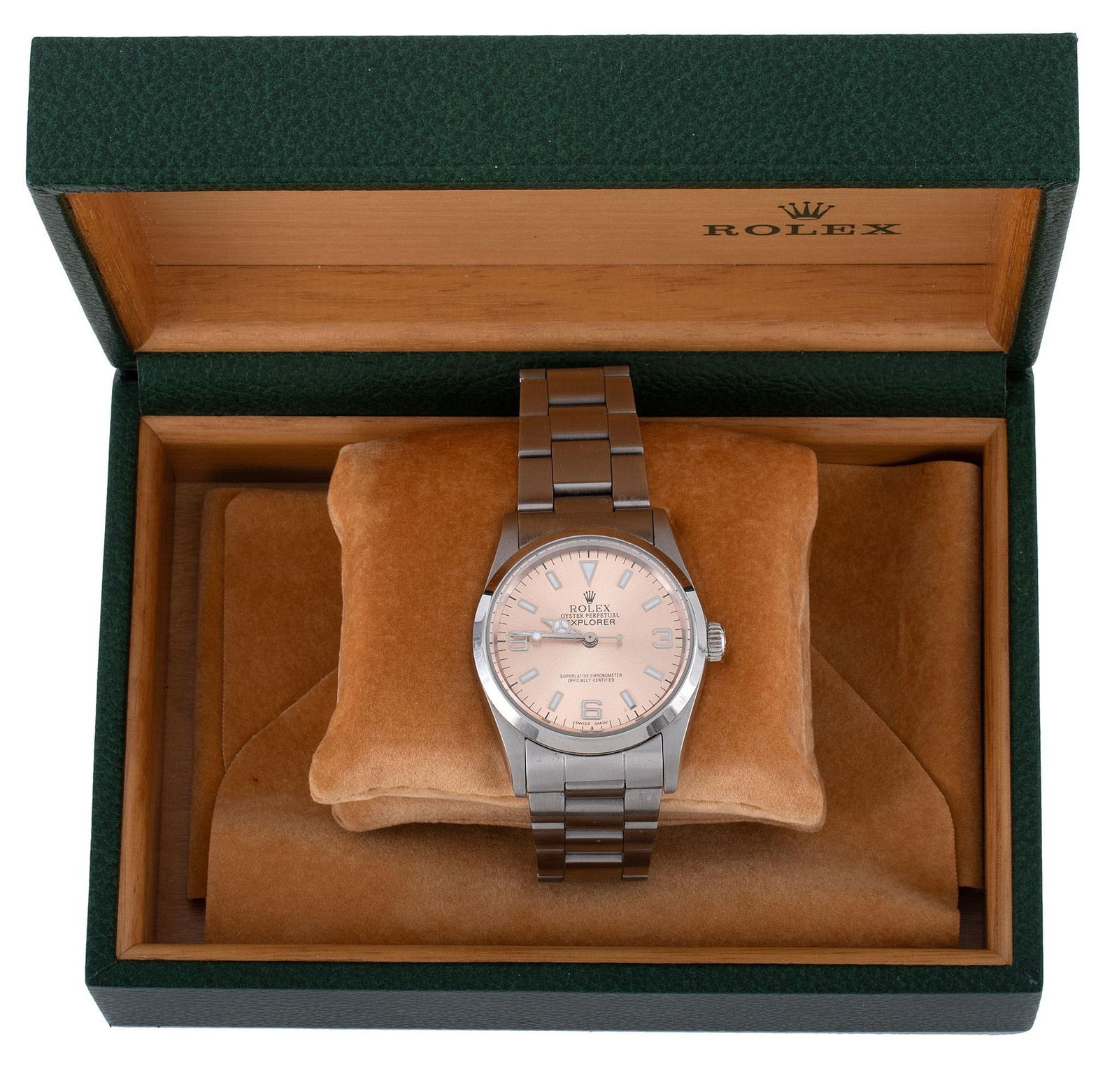 Rolex Explorer Oyster Perpetual Wristwatch: Vintage 1960's Rolex "Explorer" oyster perpetual mens wristwatch having a automatic clockwork and steelinox wristband #455B 16810, 33mm diameter. Overall good condition. Comes with