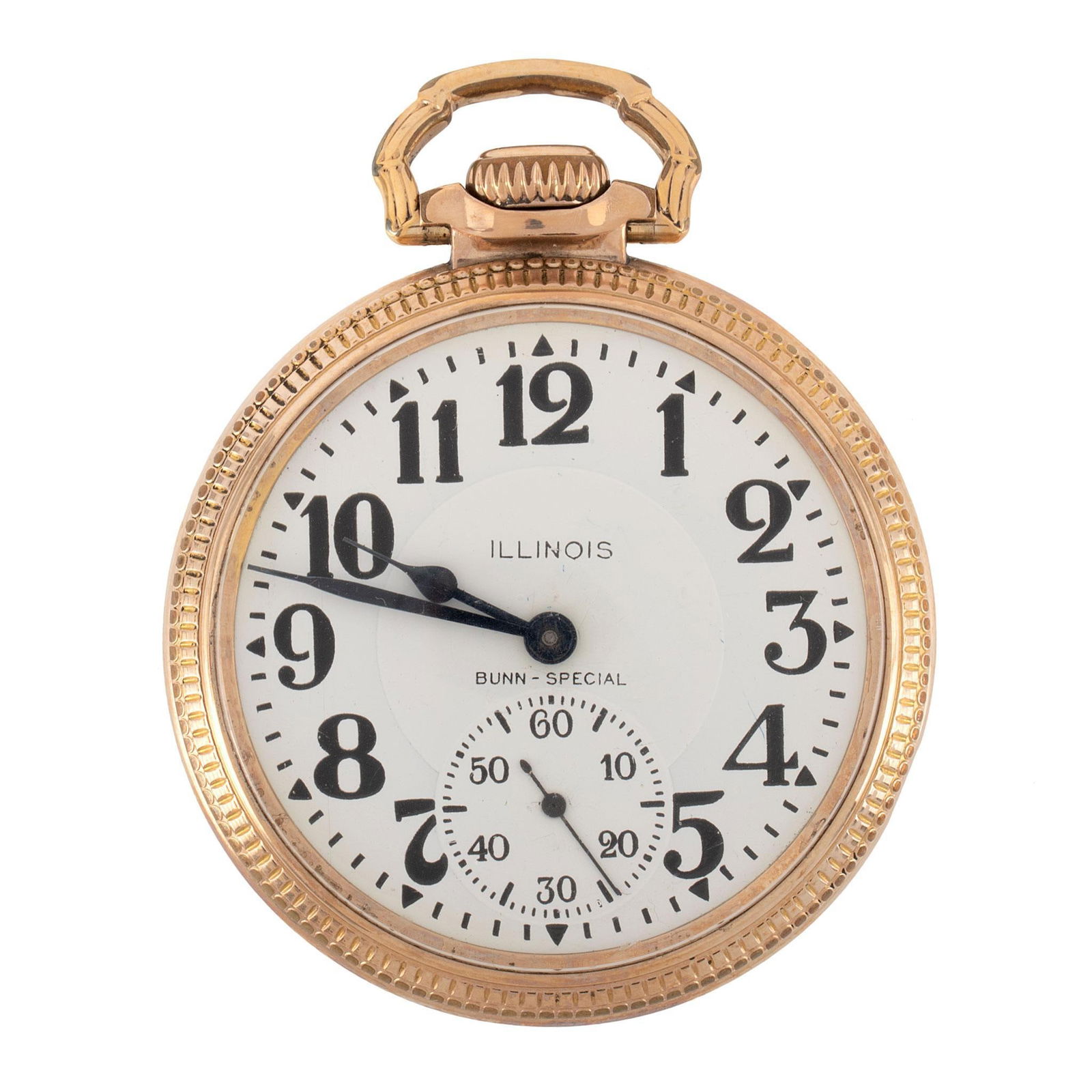Illinois Watch Co. Gold Filled Open Face Pocket Watch: An Illinois Watch Co. of Springfield Illinois gold filled open face pocket watch, works marked Illinois Watch Co. Springfield Ill. Bunn Special, 23 jewel Springfield Ill. serial #3385096, case marked