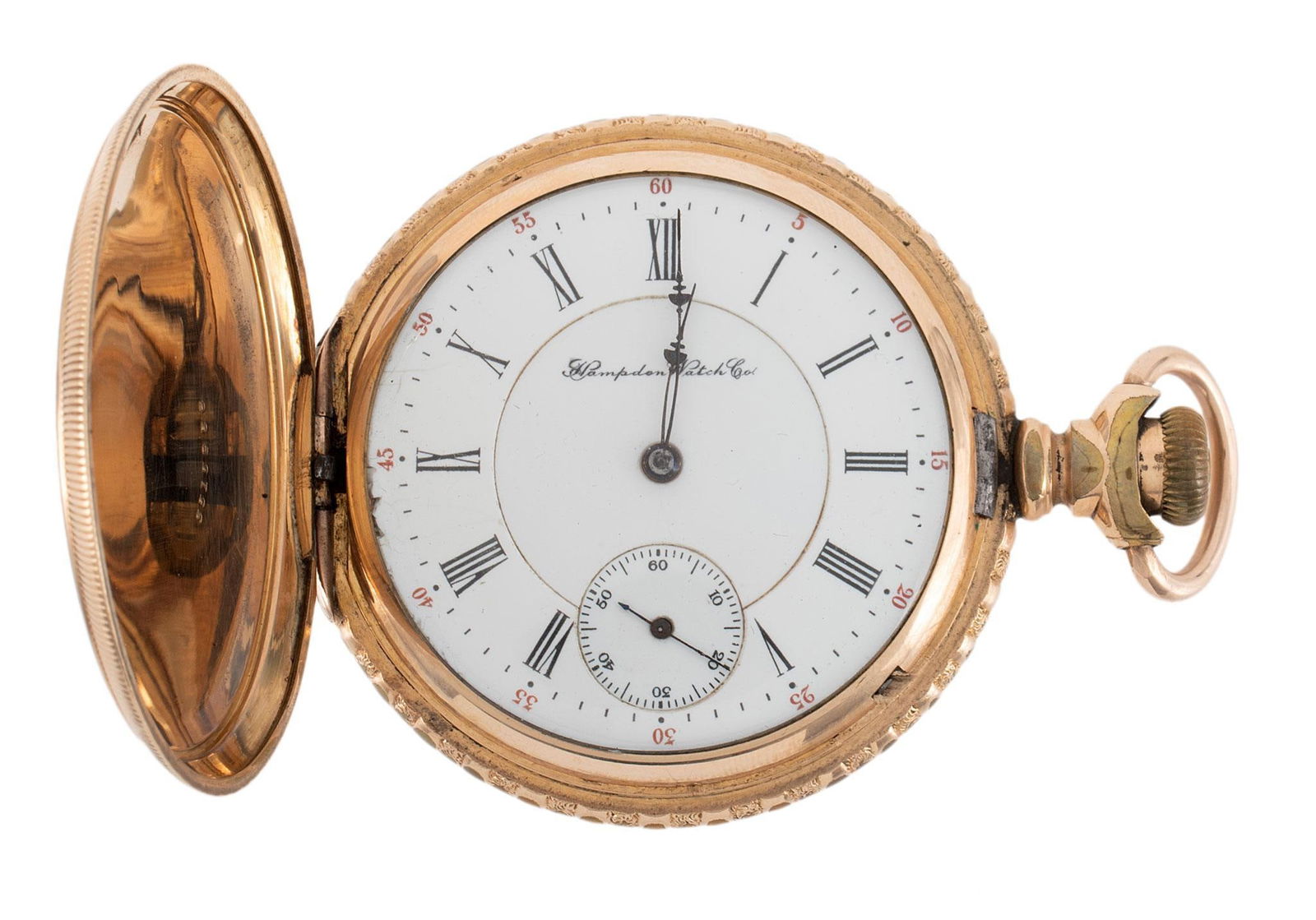 Hampden Watch Co. Gold Filled Open Face Pocket Watch: A Hampden gold filled New Railway pocket watch, works with Hampden hallmark Canton, O. NR 23 jewels serial #1043372, case marked Guaranteed to be made of Two Plates of 14K Gold over fine hard