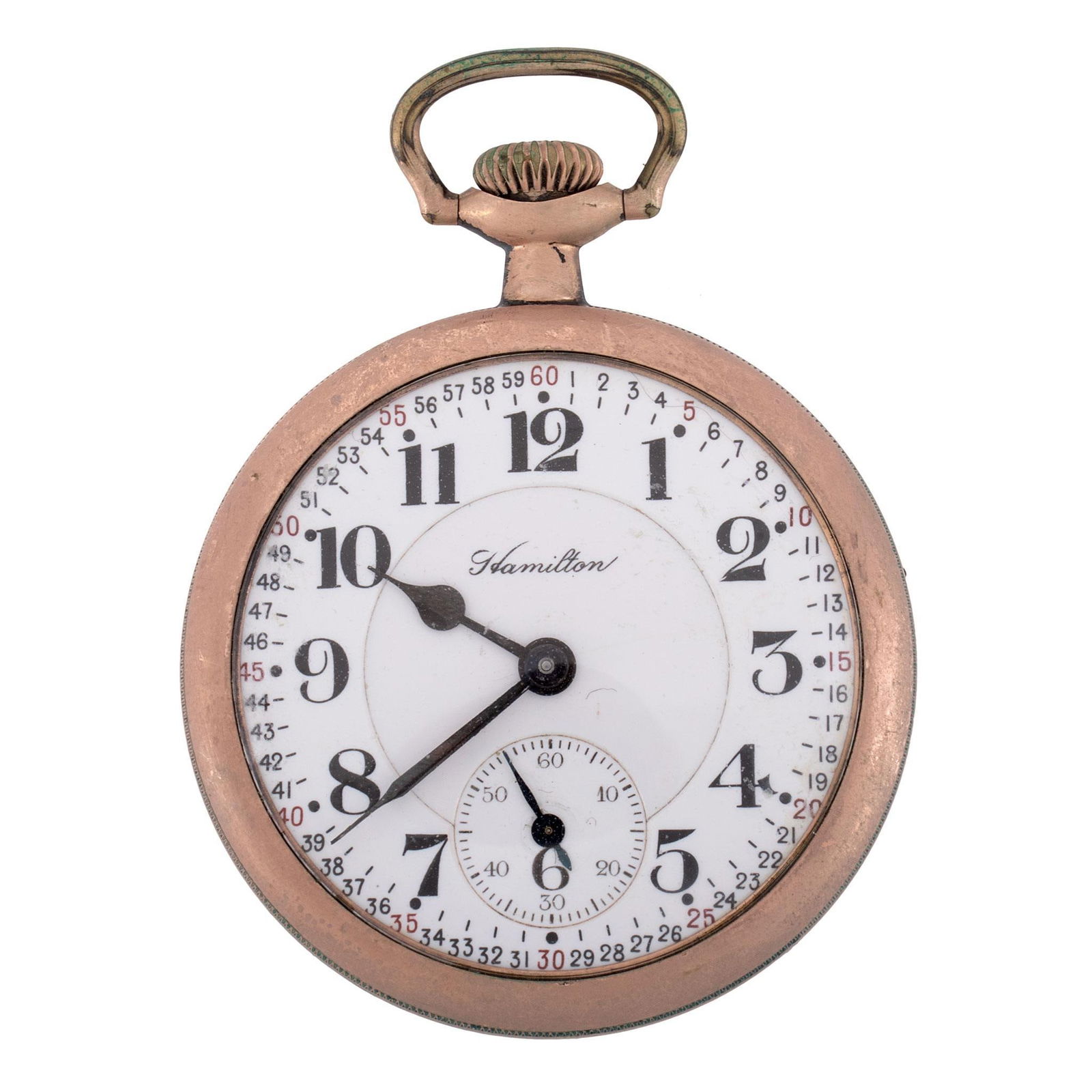 Hamilton Watch Co. Gold Filled Open Face Pocket Watch: A Hamilton Watch Co. 10K gold filled open face pocket watch model 950, works marked Hamilton Watch Co. Lancaster PA. 23 jewels serial #C1152455, case marked Dueber Warranted 20 Years #10395486, 48mm.