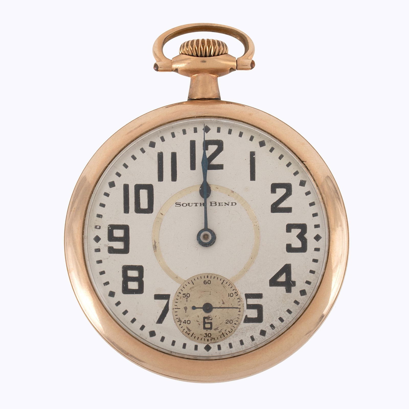 South Bend Gold Filled Open Face Pocket Watch: A South Bend gold filled open face pocket watch, works marked South Bend Watch Co. U.S.A. 21 jewels model 227 Double Roller serial #954805, case marked B&B Royal Warranted 20 Years #4919035, 50mm.