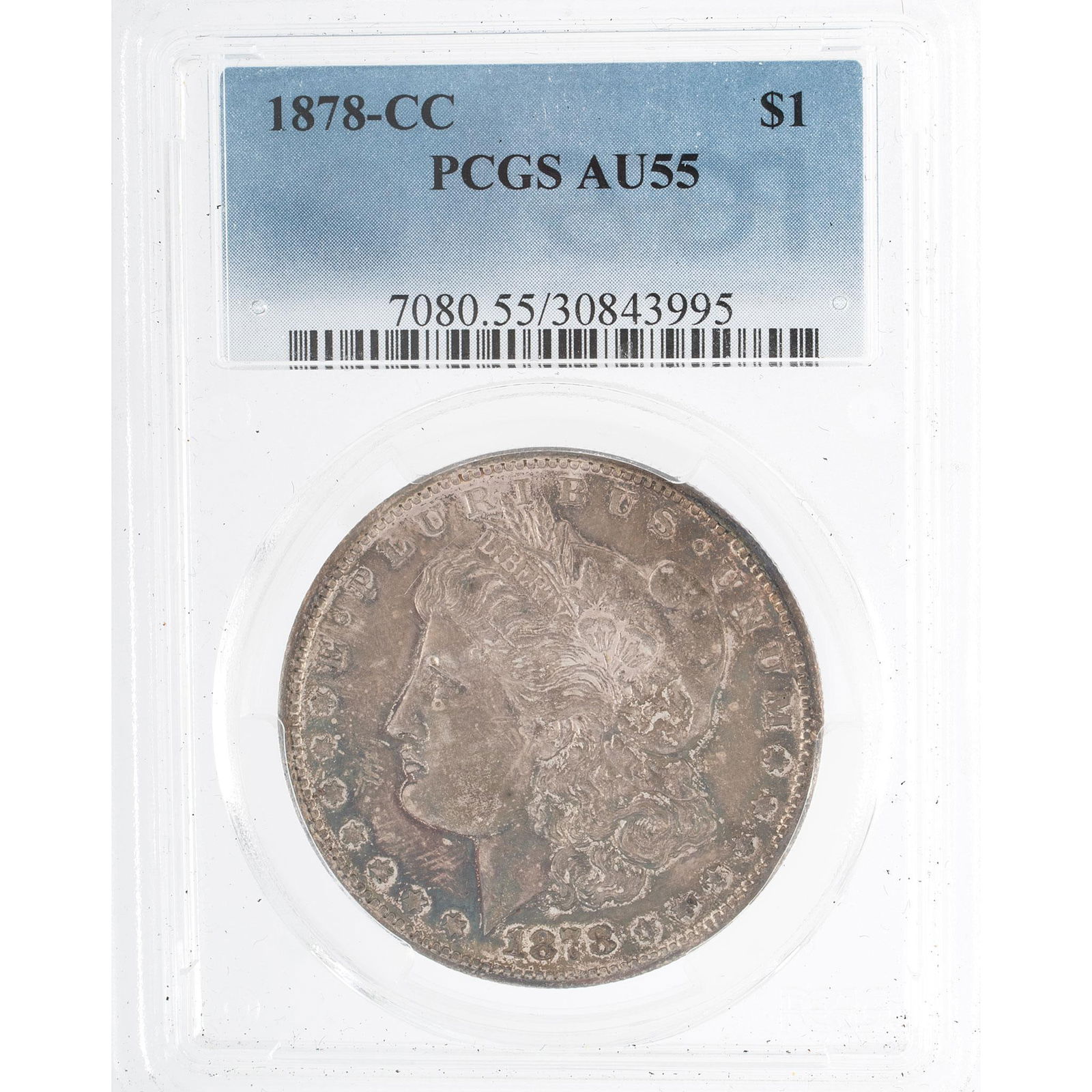 United States 1878 Carson City Silver Morgan Dollar Coin: A United States 1878-CC silver Morgan dollar coin with PCGS AU55 grade in case.