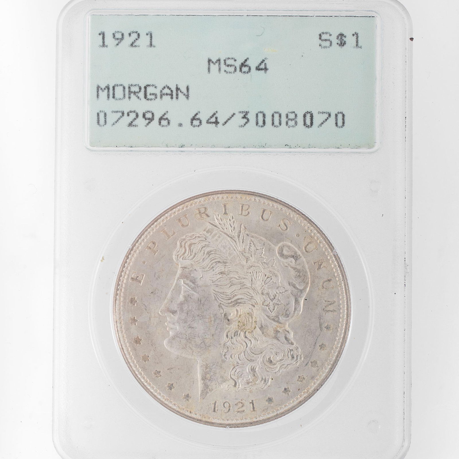 United States 1921 Silver Morgan Dollar Coin: A United States 1921 silver Morgan dollar coin with PCGS MS64 grade in case.