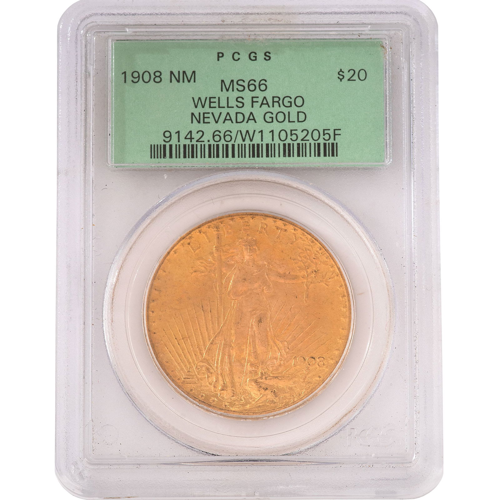 United States 1908 Wells Fargo Nevada Gold Saint Gaudens Coin: United States 1908 no motto MS66 Wells Fargo Nevada $20 gold coin, 34mm, 33.44 grams. Overall good condition.