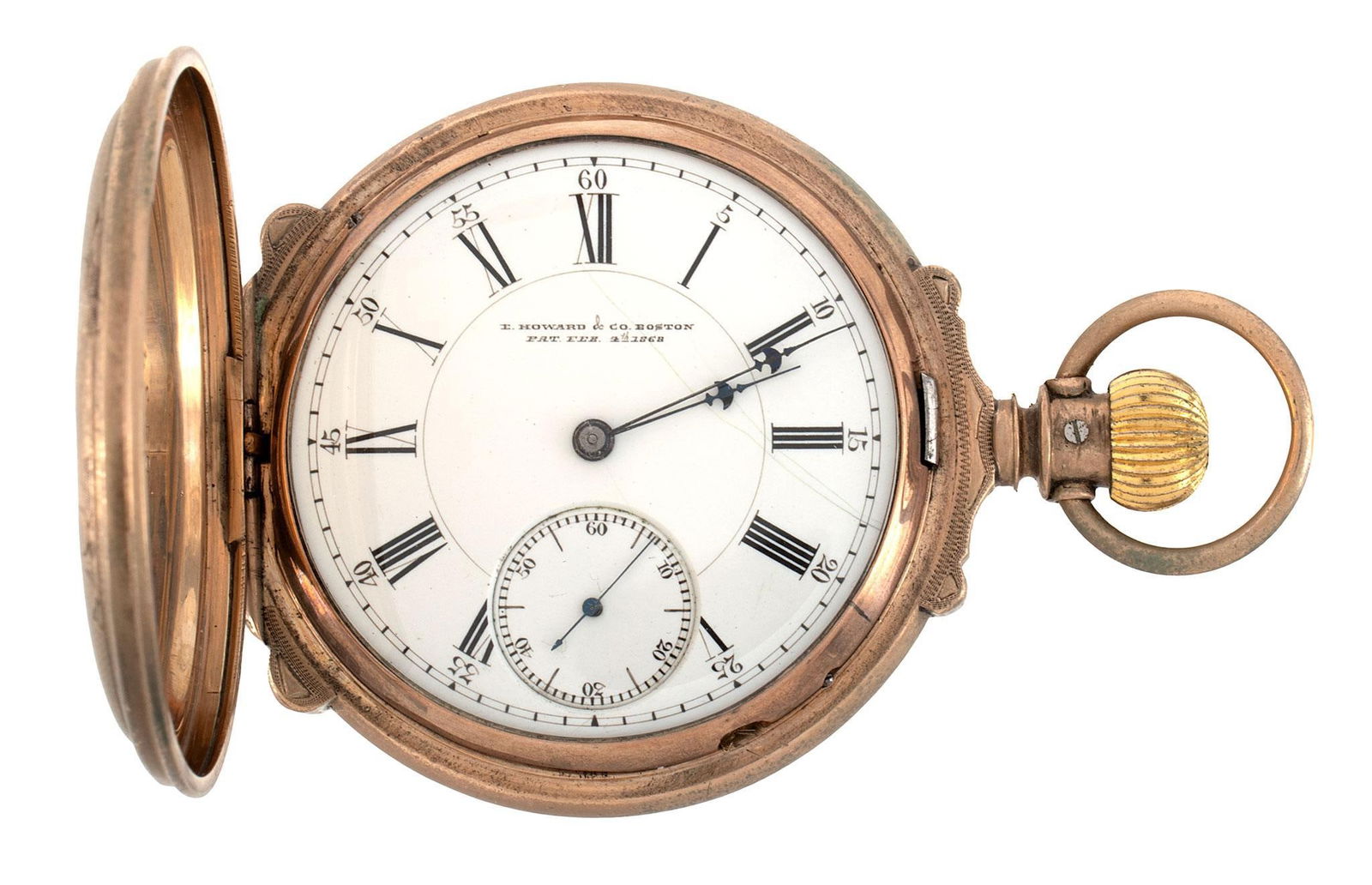 E. Howard and Co. 8K Gold Pocket Watch: E. Howard and Co. 8K gold pocket watch, case marked E.Howard & Co. Boston 43798 N, case marked B.W.C. & Co. (Boston Watch Company) #240437, 50mm. Overall good condition.