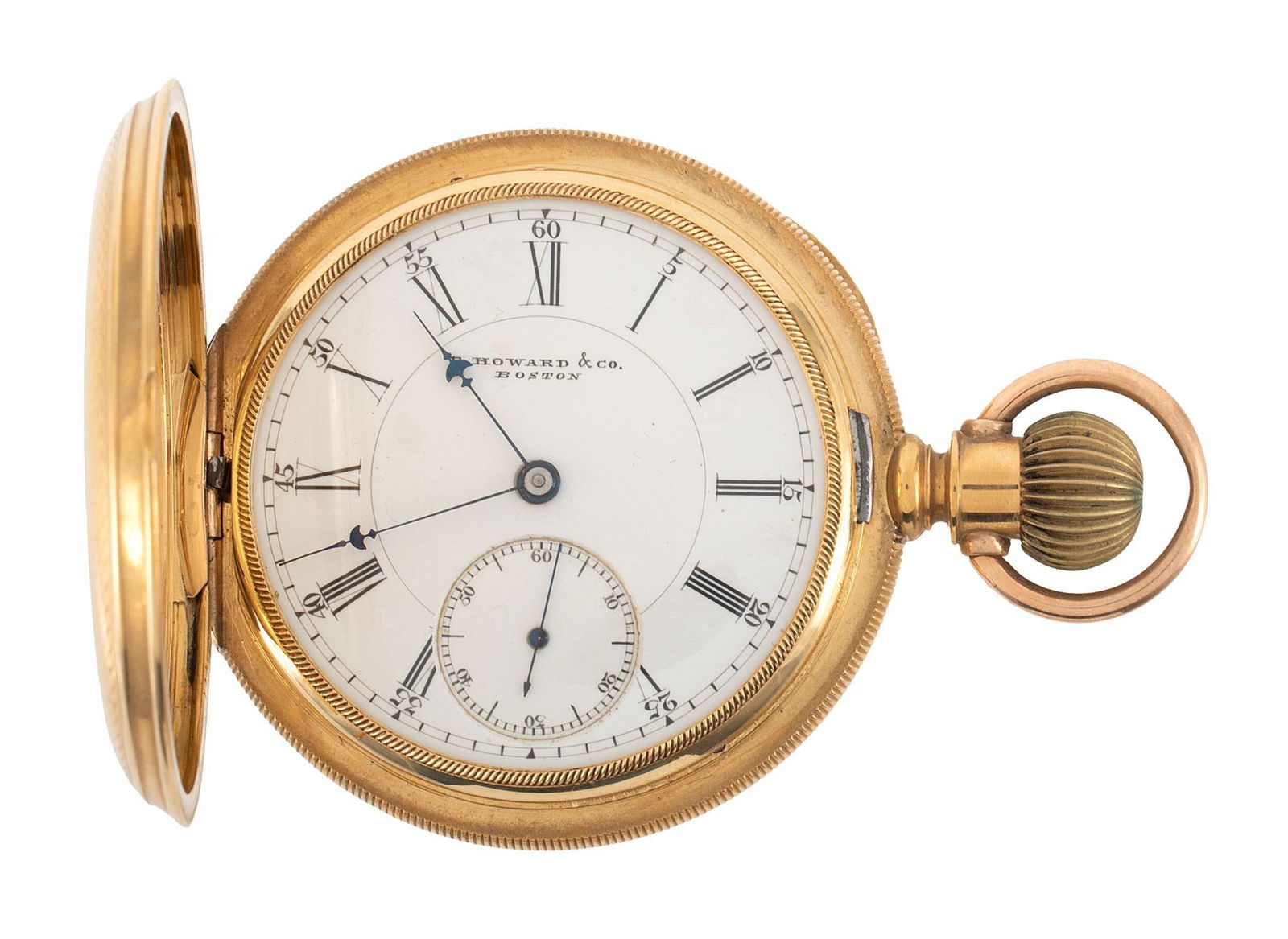 E. Howard and Co. 18K Gold Pocket Watch: An E. Howard & Co. (Boston) 18K gold pocket watch, interior works with E. Howard & Co. Boston serial #60270 L, case interior with 18K over #17638, decorative exterior case, 50mm diameter, 134
