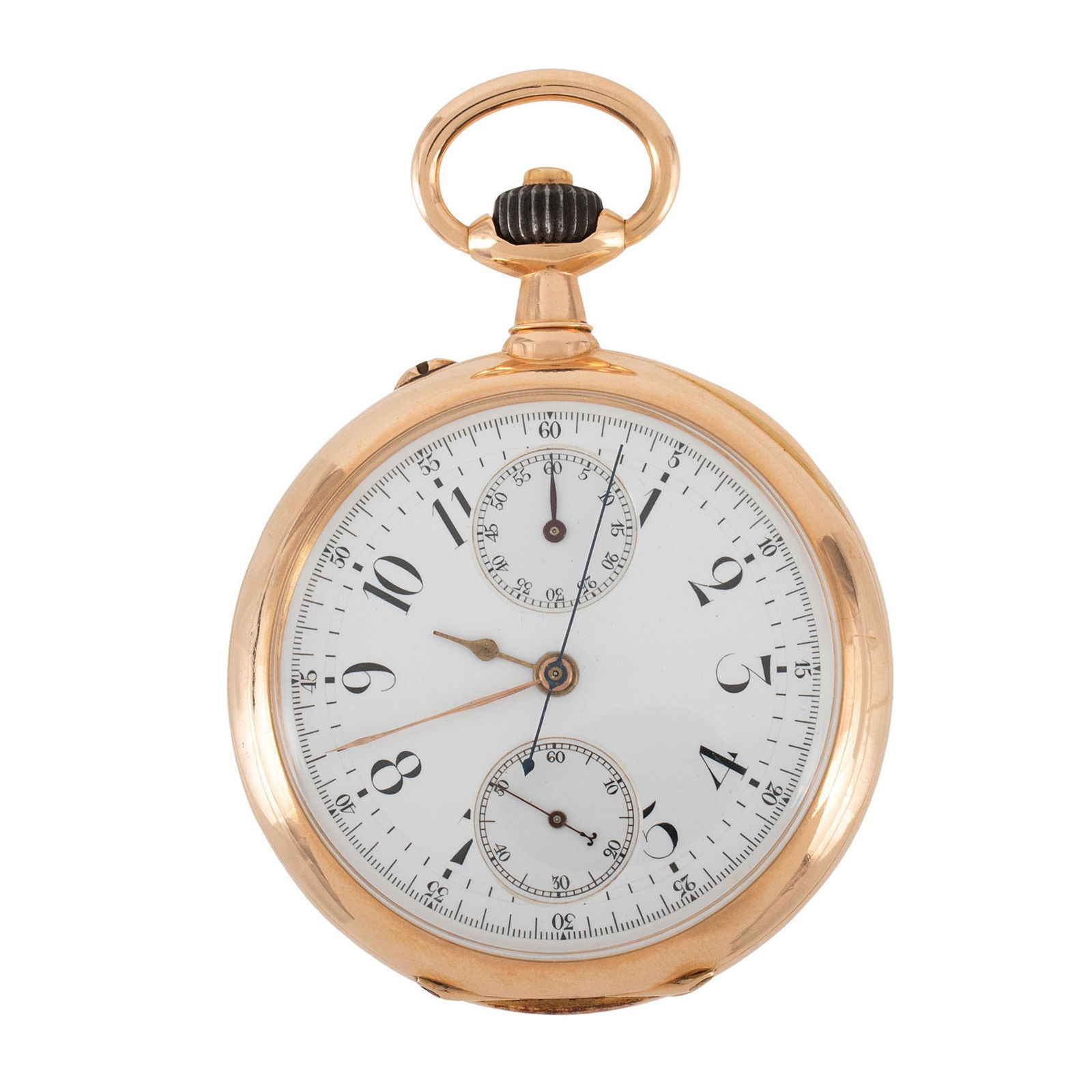 Rare French Circa 1895 Chronograph Open Face Pocket Watch: A fine French high grade chronograph gold repeating pocket watch, unmarked works, case marked Claude Her de la Marine de l'Etat over 36 Palias Royal Paris 24 Mars 1895 N #12514, 50mm dia., 109 gra