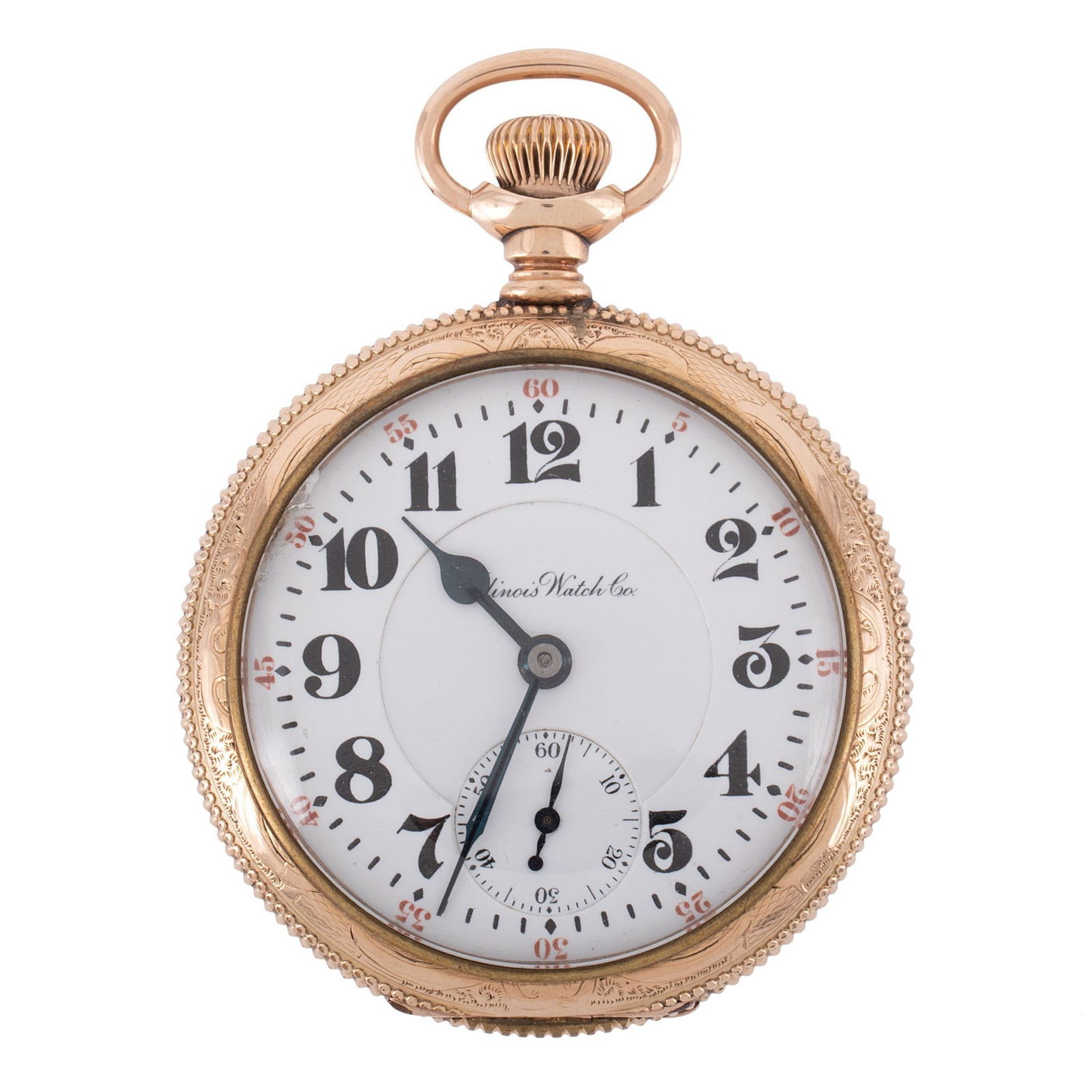 Illinois Watch Co. Gold Filled Open Face Pocket Watch: An Illinois Watch Co. of Springfield Illinois gold filled open face pocket watch, works marked Illinois Watch Co. Springfield Ill., 21 jewel serial #2395008 , case marked Keystone Watchcase J. Boss
