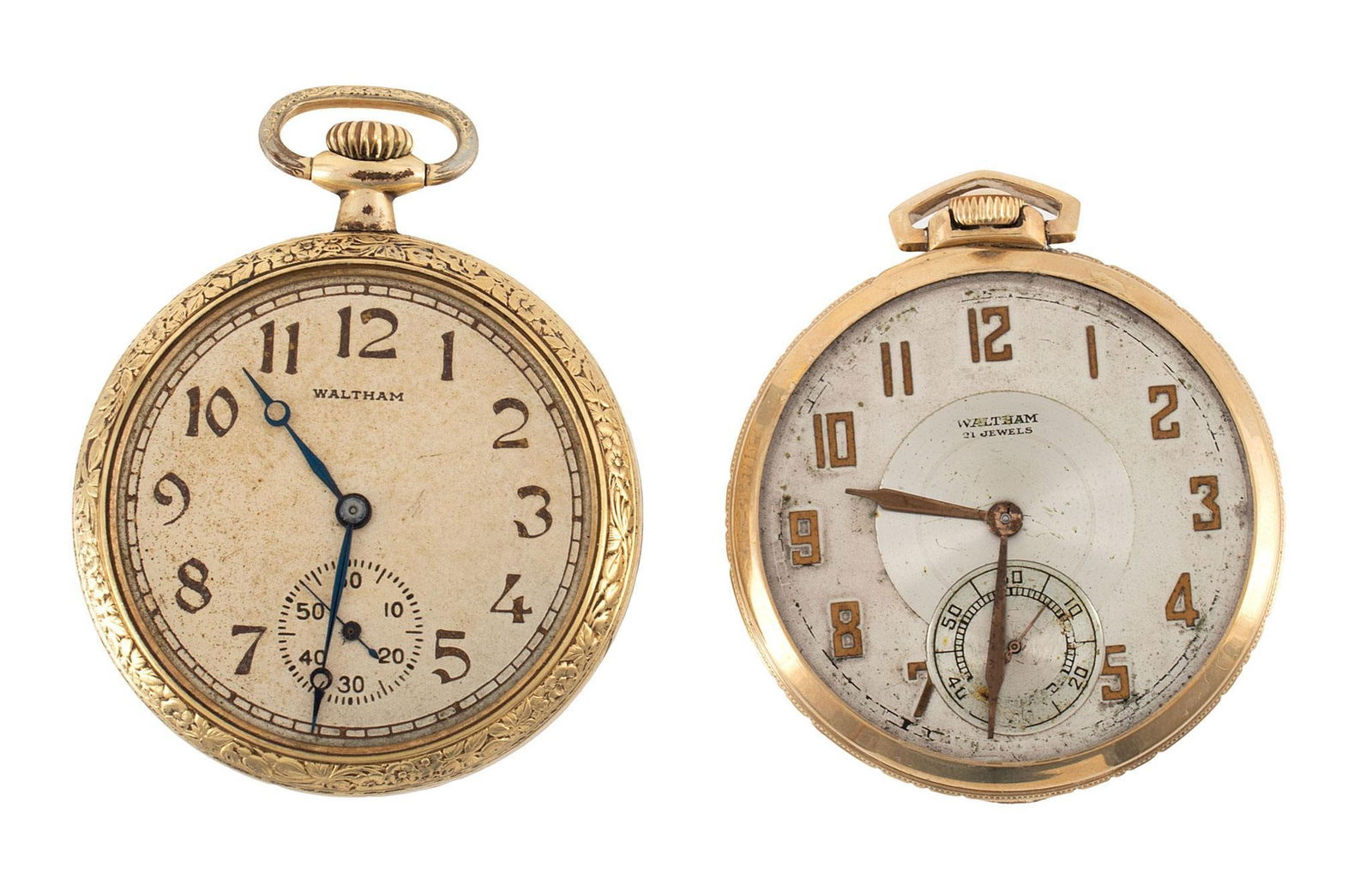 Two Waltham Open Face Pocket Watches: Two Waltham open face pocket watches, each with loose dial and crystals, a single Colonial Riverside 10K gold filled Waltham serial #29499974 21 jewels, second watch Waltham 15 jewel serial