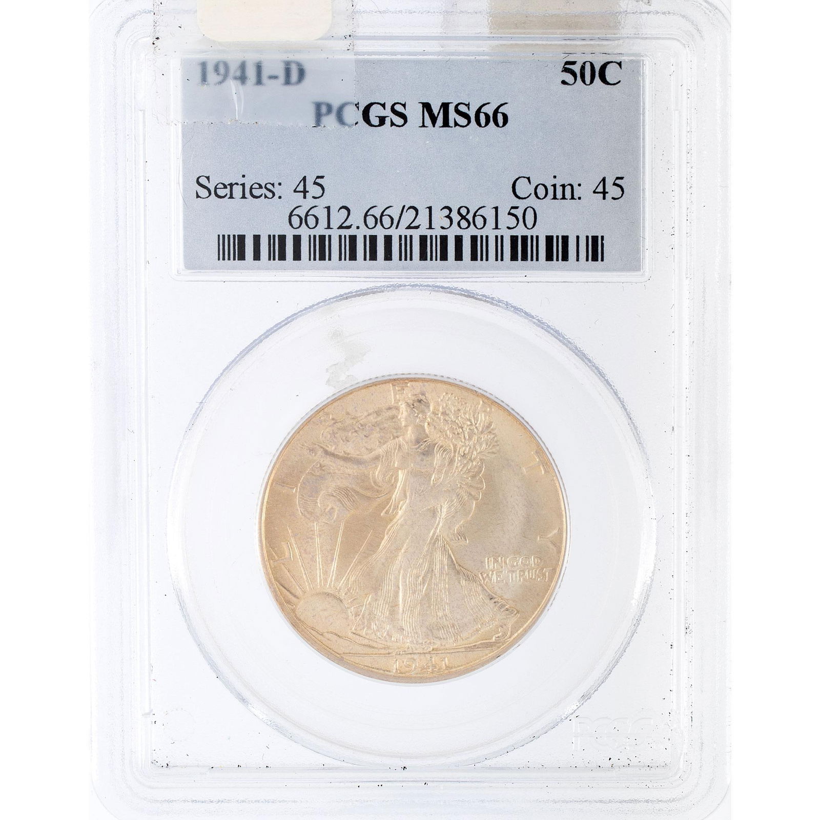 United States 1941 Silver Walking Liberty Half Dollar Coin: A United States 1941-D silver Walking Liberty half dollar coin with PCGS MS66 grade in case.