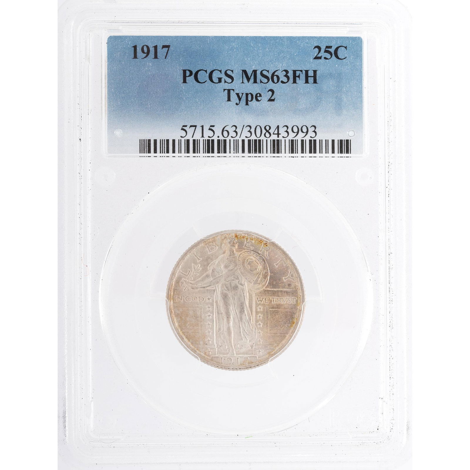 United States 1917 Silver Walking Liberty Quarter: United States 1917 silver Walking Liberty quarter with PCGS MS63FH Type 2 grading in case. 