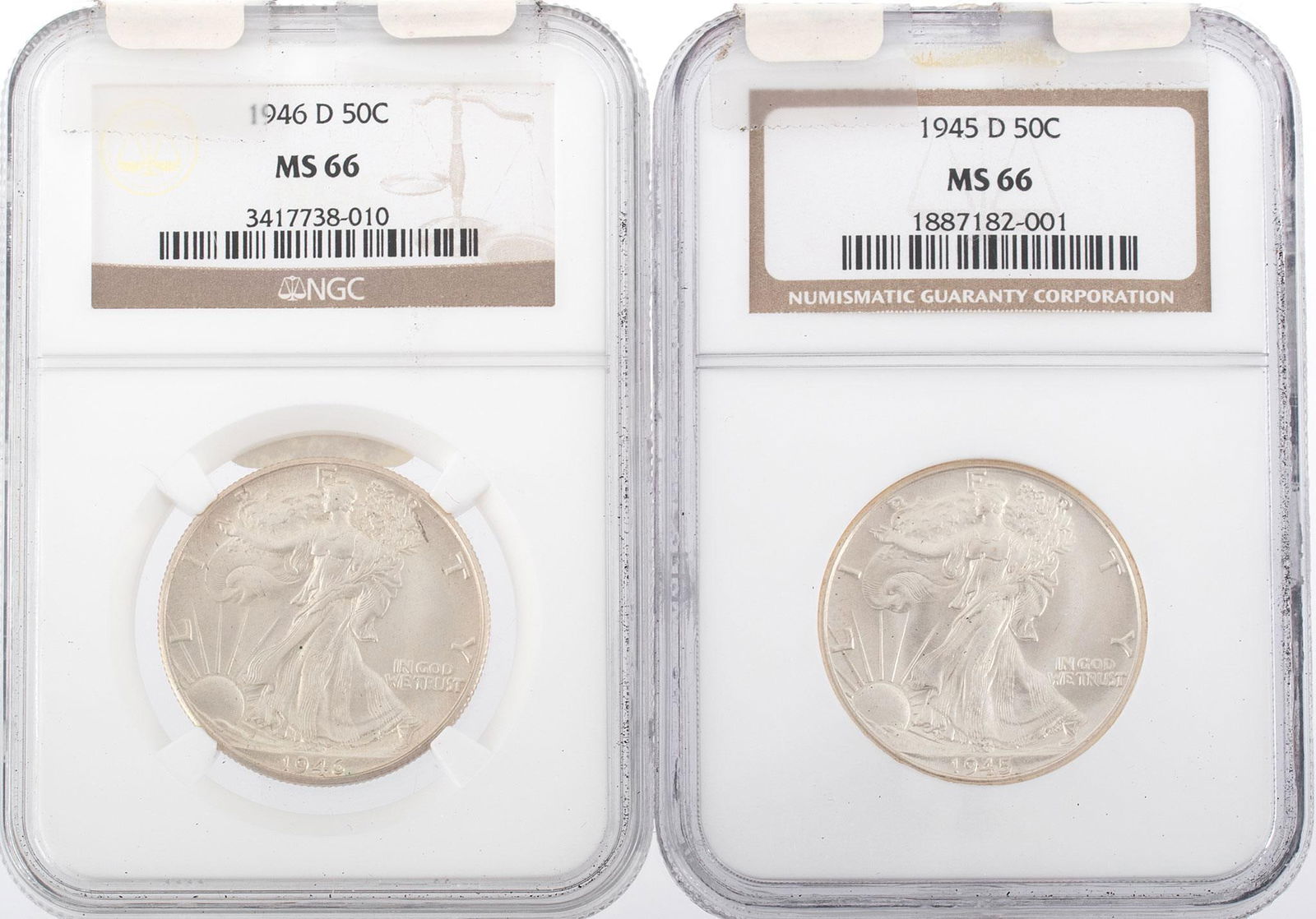 Two United States Silver Walking Liberty Half Dollar Coins: Lot includes two United States silver Walking Liberty half dollar coins with a 1946-D NGC MS66 grade in case and a 1945-D with a NGC MS66 grad in case.