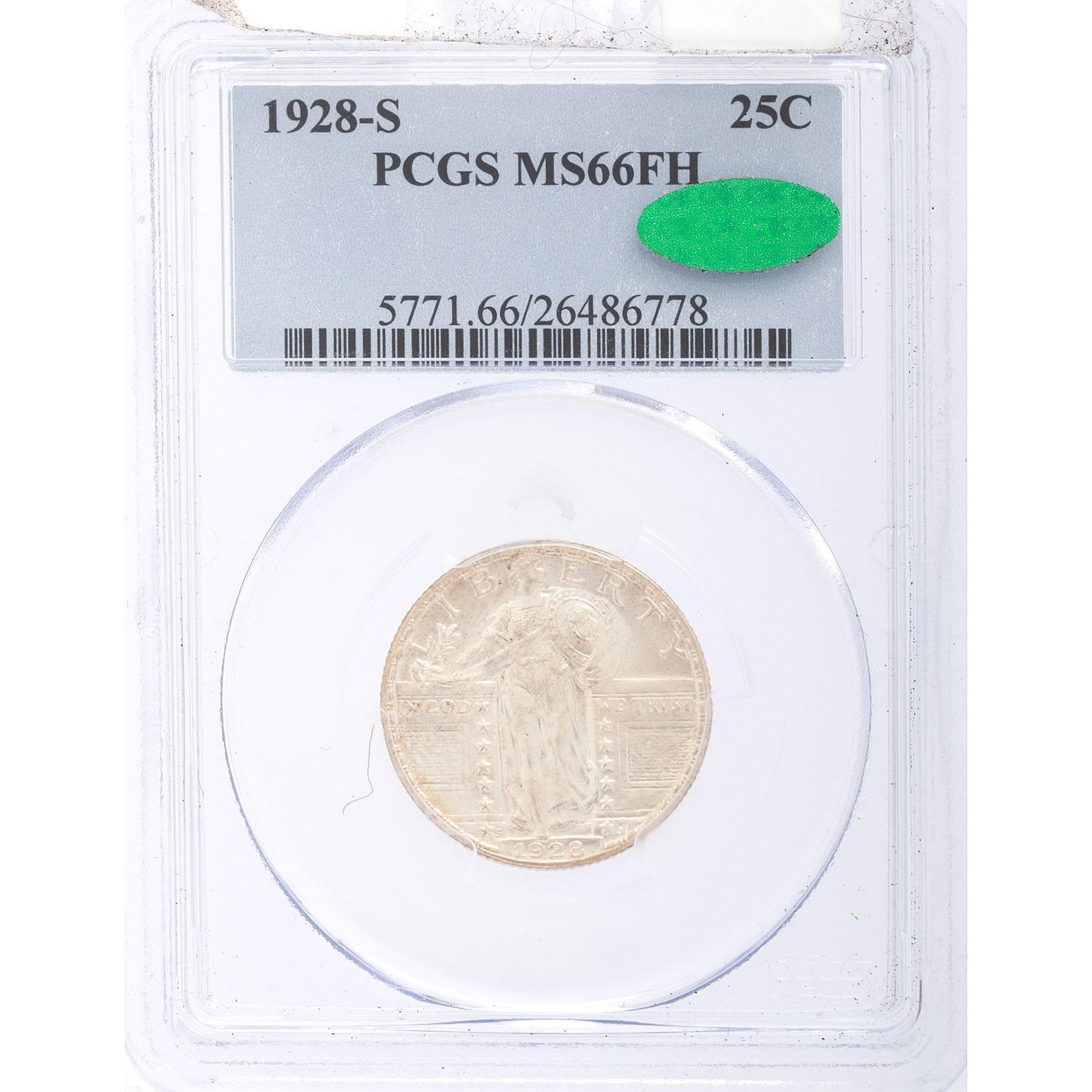 United States 1928-S MS66 Walking Liberty Quarter: A United States 1928-S silver Walking Liberty quarter with PCGS MS66FH grading in case. 