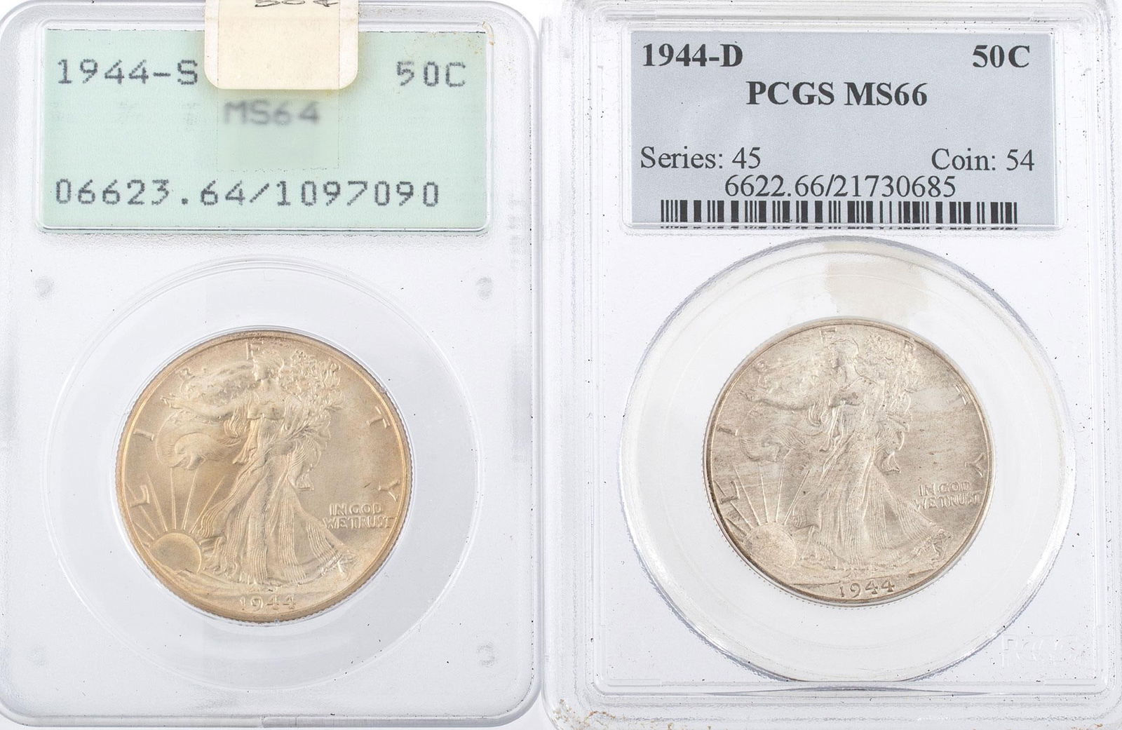 Two United States 1944 Silver Walking Liberty Half Dollar Coins: Lot includes two United States silver Walking Liberty half dollar coins with a 1944-D PCGS MS66 grade in case and a 1944-S with a MS64 grad in case. 