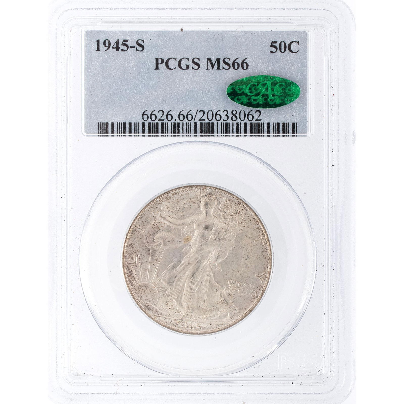 United States 1945 Silver Walking Liberty Half Dollar Coin: A United States 1945-S silver Walking Liberty half dollar coin with PCGS MS66 grade in case.
