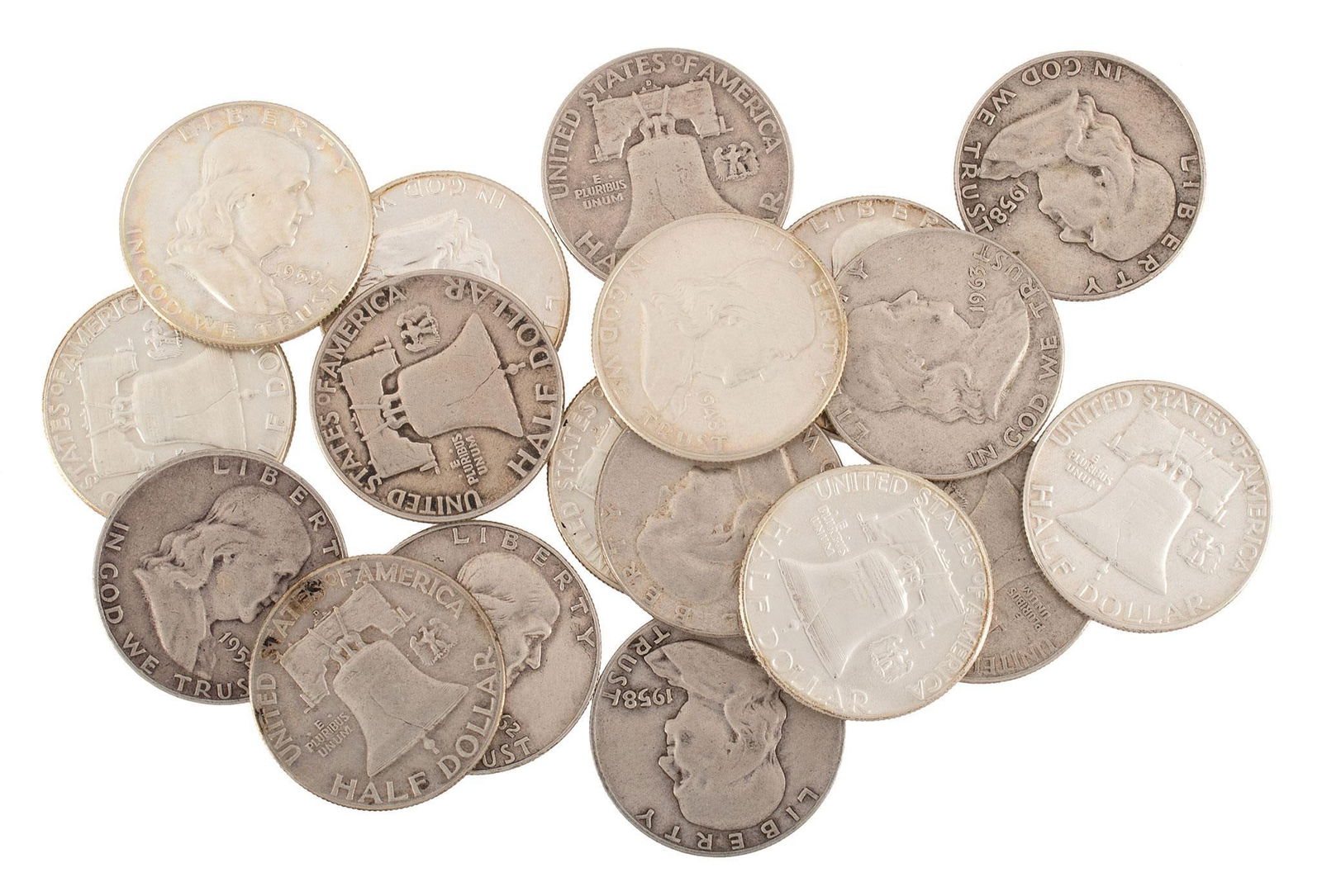 Grouping Pre-1964 Franklin Half Dollar Silver Coins (1 of 1)