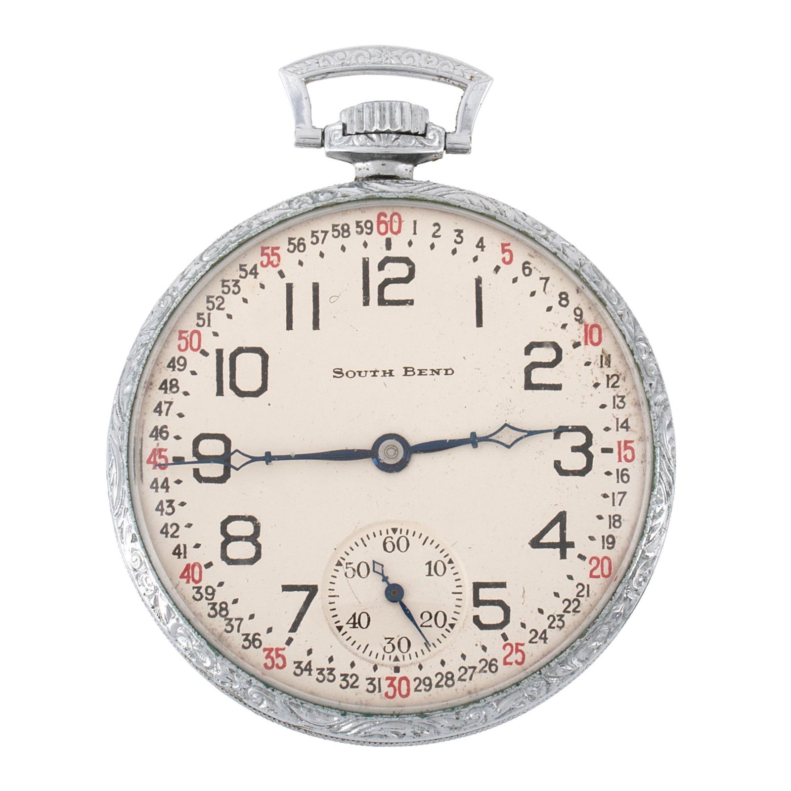 South Bend Open Face Pocket Watch: A South Bend Studebaker open face pocket watch, works marked South Bend Watch Co. U.S.A. Studebaker 21 jewels 8 adjustments serial #1118886, case marked Illinois Watch Case Co. Spartan #0524442,