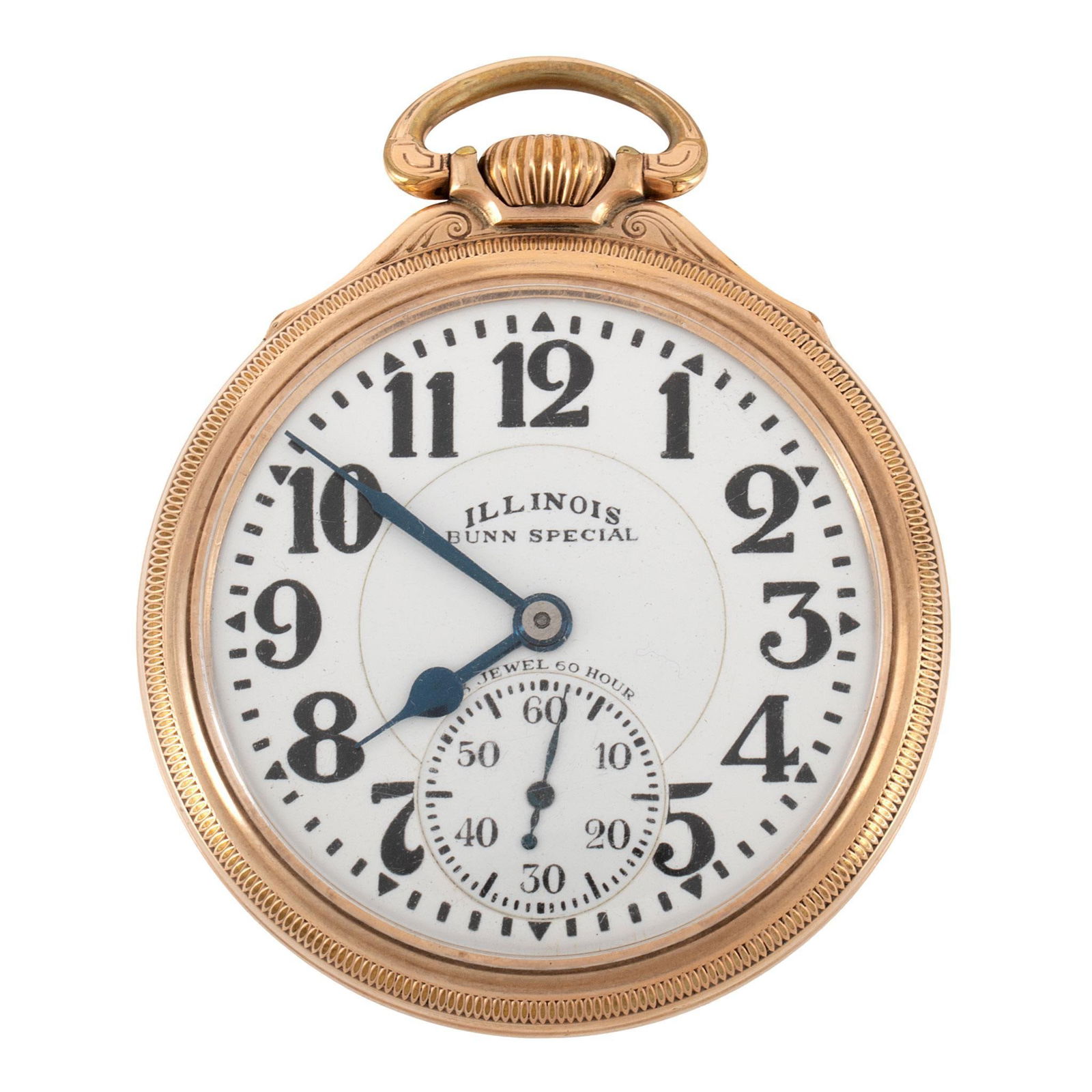 Illinois Watch Co. Gold Filled Open Face Pocket Watch: An Illinois Watch Co. Bunn Special 60 Hour 10K gold filled open face pocket watch, works marked Illinois Watch Springfield, 23 jewels, 60 hours serial #518832, case marked Illinois Bunn Special Case
